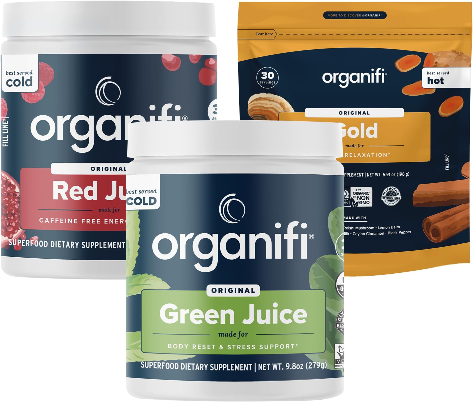 Organifi Sunrise to Sunset Bundle - Green/Red/Gold Powders, 30 Day Supply