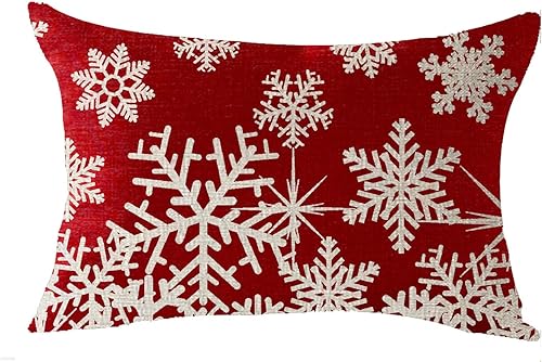 Happy Winter Snowflakes Merry Christmas - Funda de cojín decorativa de lino y algodón, 12 x 20 pulgadas Beige y rojo,Cereza,Verde Oscuro,Verde