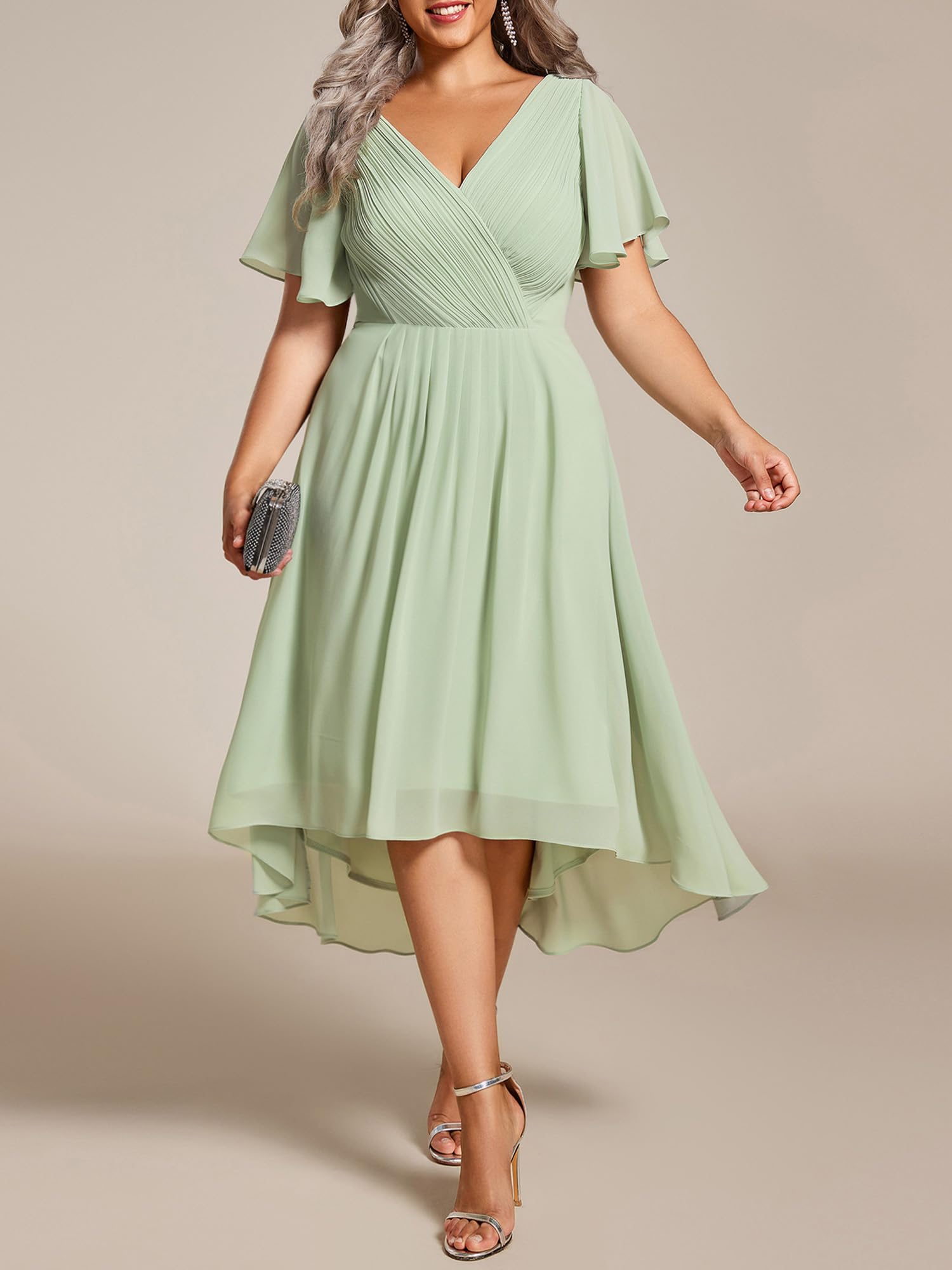 Ever-Pretty Donna Una Linea Increspato Scollo A V Maniche Corte Al Ginocchio Plus Size Wedding Guest Dress 01923-DA, Verde menta, 56