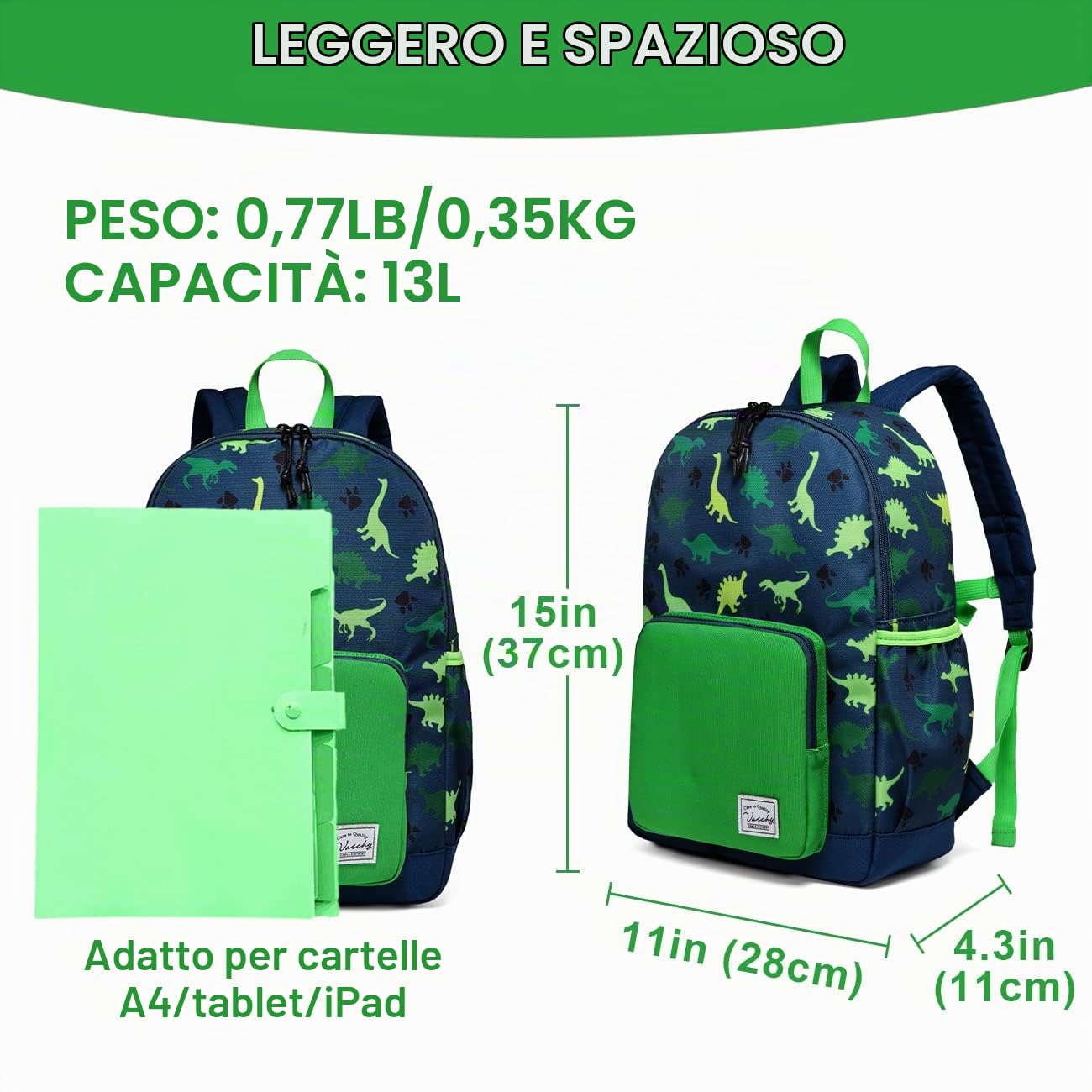 VASCHY Zaino Elementare Bambino Dinosauro 12L, Zainetto Grande Impermeabile con Pettorina Regolabile per Scuola Primaria 5-8 Anni