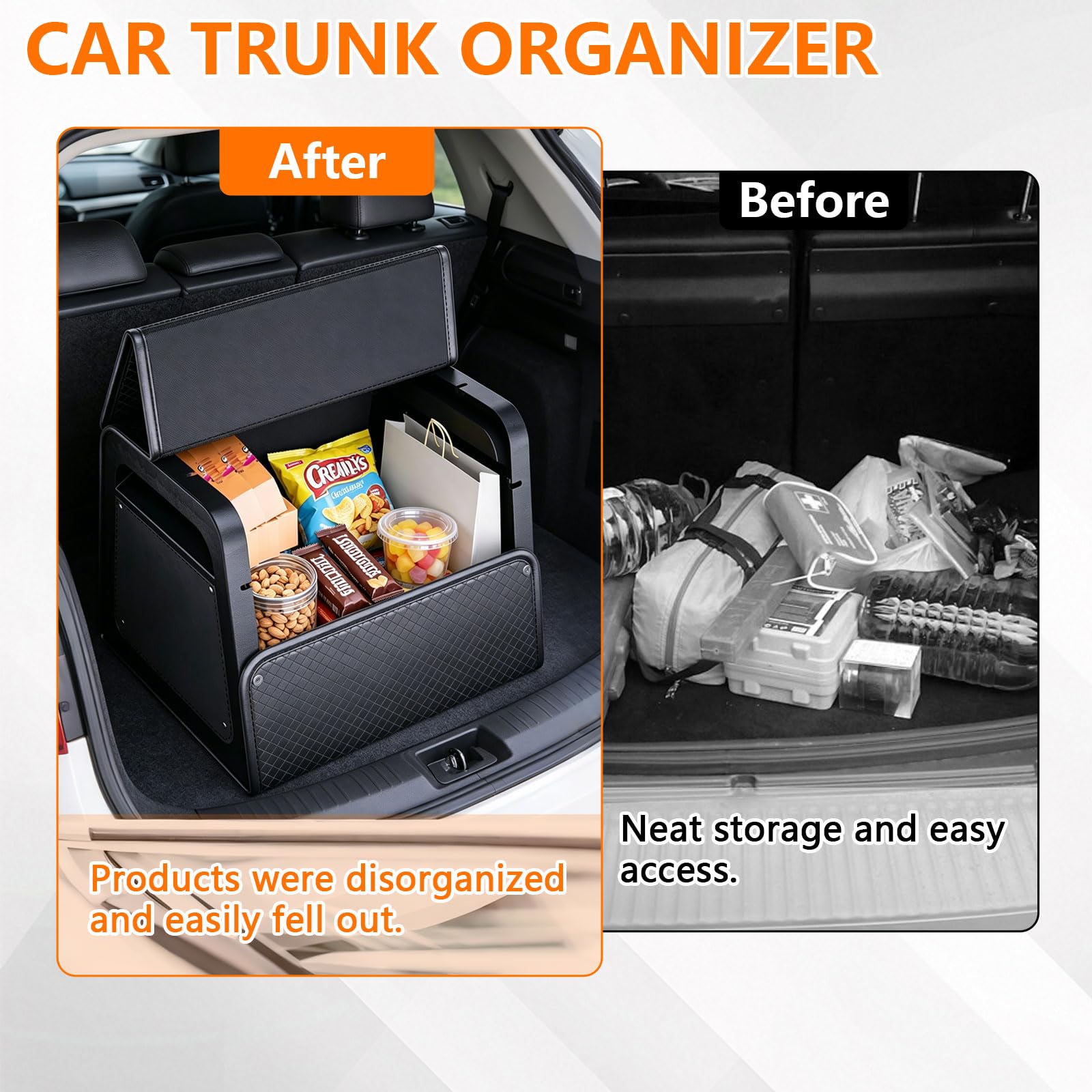 Auto Kofferraum Organizer Auto Tasche Kofferraum mit Deckel PU-Leder& PP-Wabenplatte mit Schrauben befestigt – extrem stabil, 20.2''L x 13''W x 11.9''H