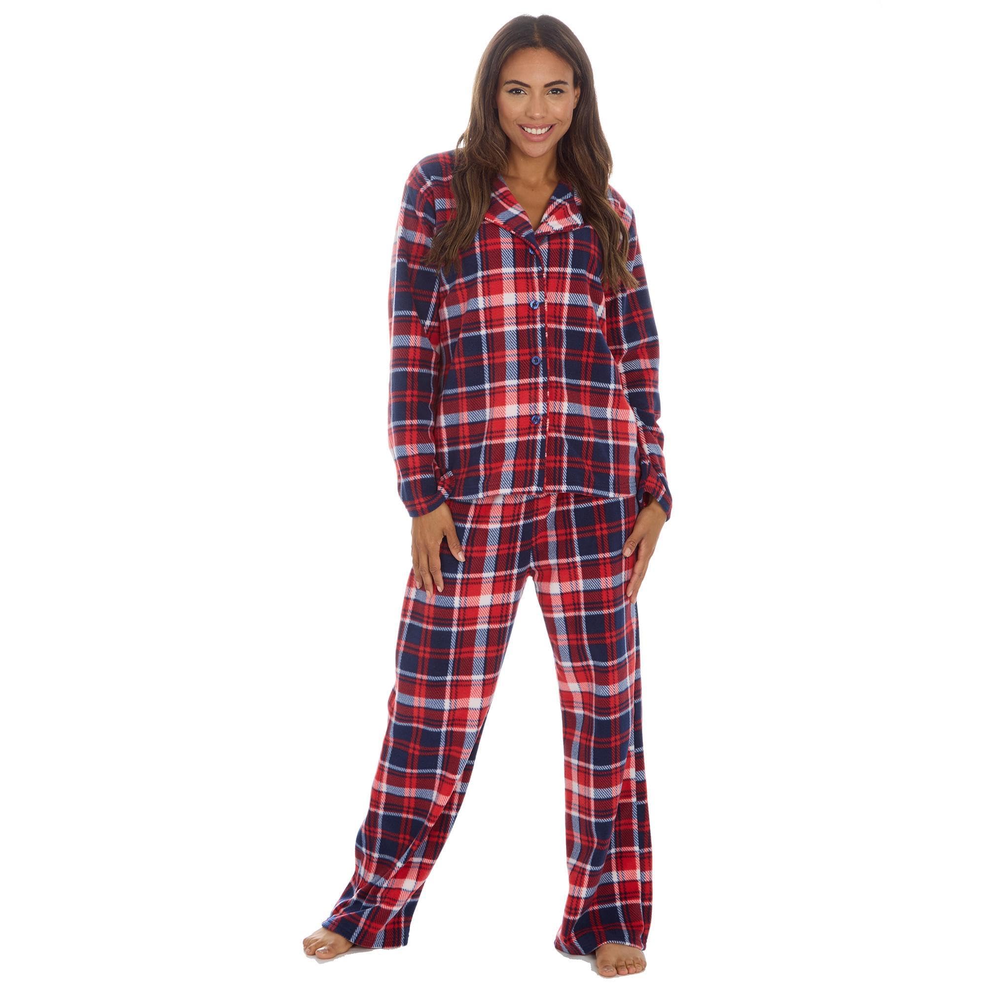 Metzuyan Women's Red Ws-Aw23 Microfleece Long Sleeved Pyjama Set Button Up Pyjamas Nightwear Check Large
