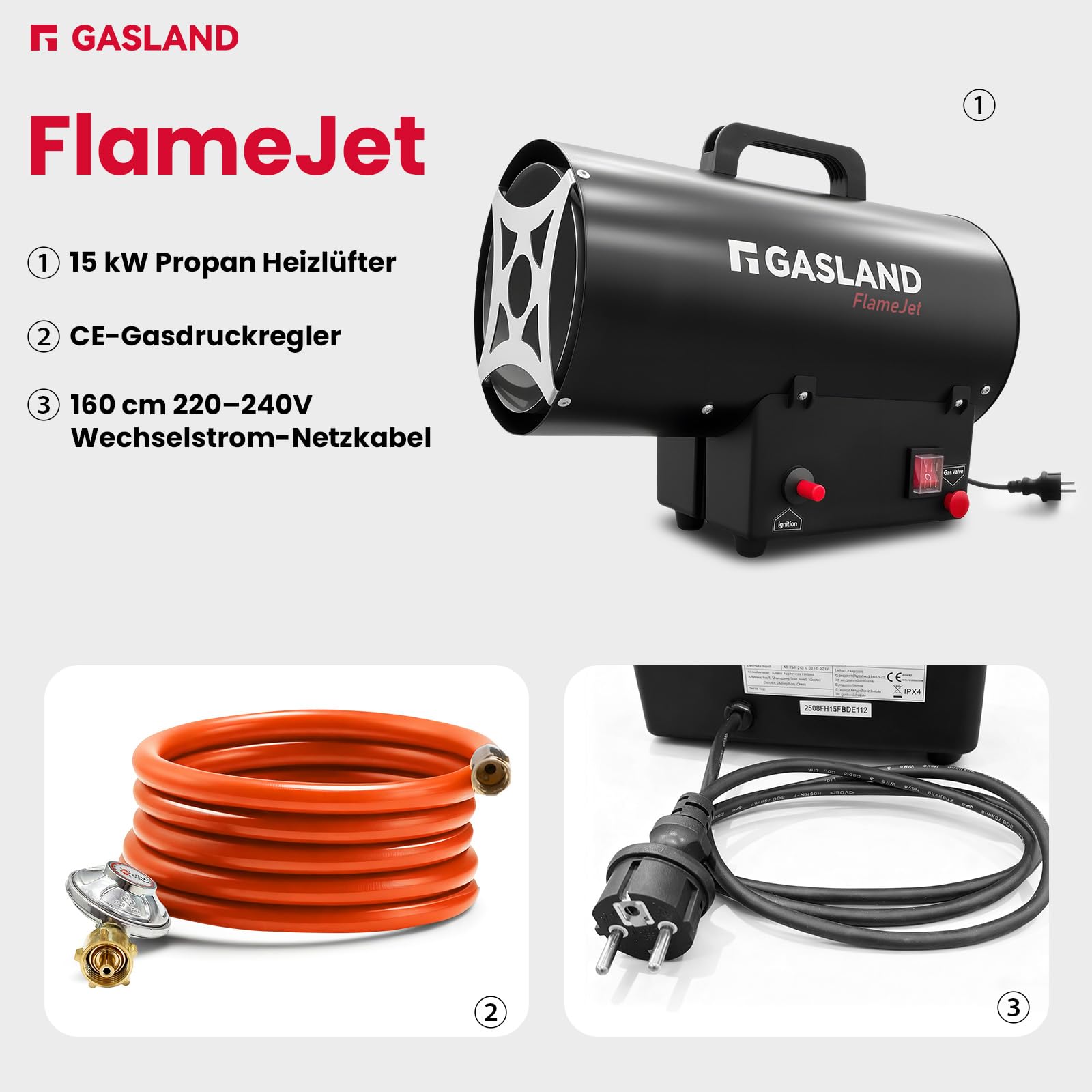 GASLAND FlameJet 15 kW Gas Heizstrahler mit 700 mbar Druckreduzierventil,Outdoor Gasheizgerät, Konvektionsheizung, Turbogebläse, Überhitzungsschutz