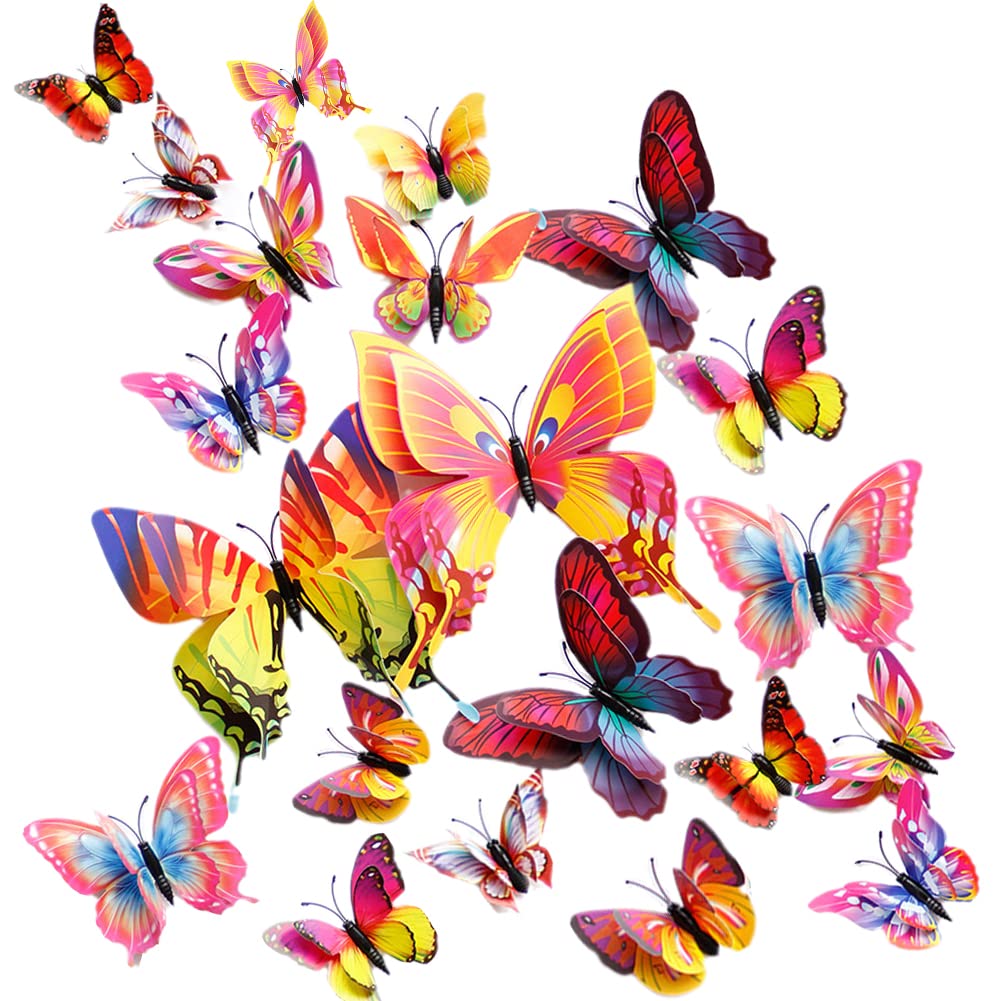 CL-Link 24PCS 3D Butterfly Wall Decals Butterflies Wall Stickers Removable Rich Colorful Double Wing Butterfly Decor for Girls Stickers Kids Bedroom and Room Decoration Art Mural