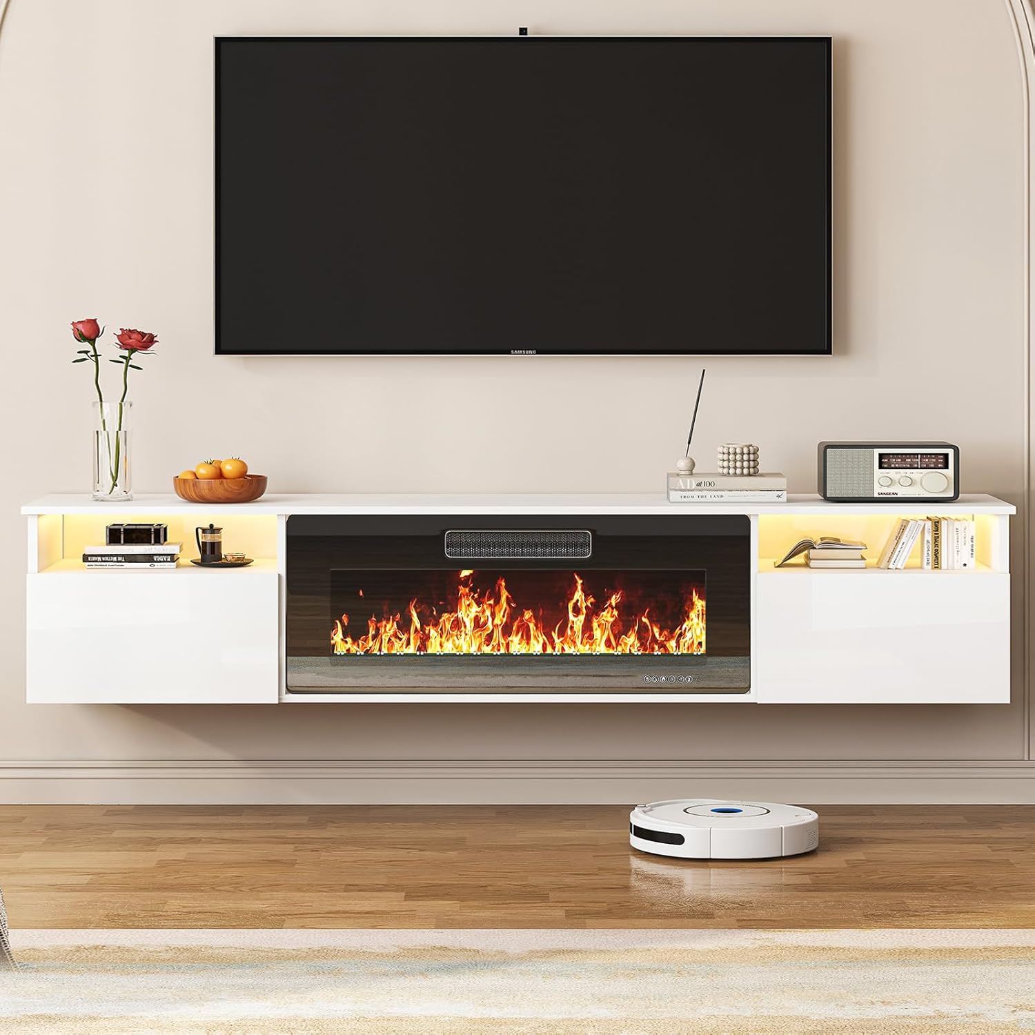 TABU 80" Floating TV Stand with 36" Electric Fireplace Heater, High-Glossy Entertainment Center& Media Console with LED Ambient Light, for TVs Up to 90",Wall-Mounted, White