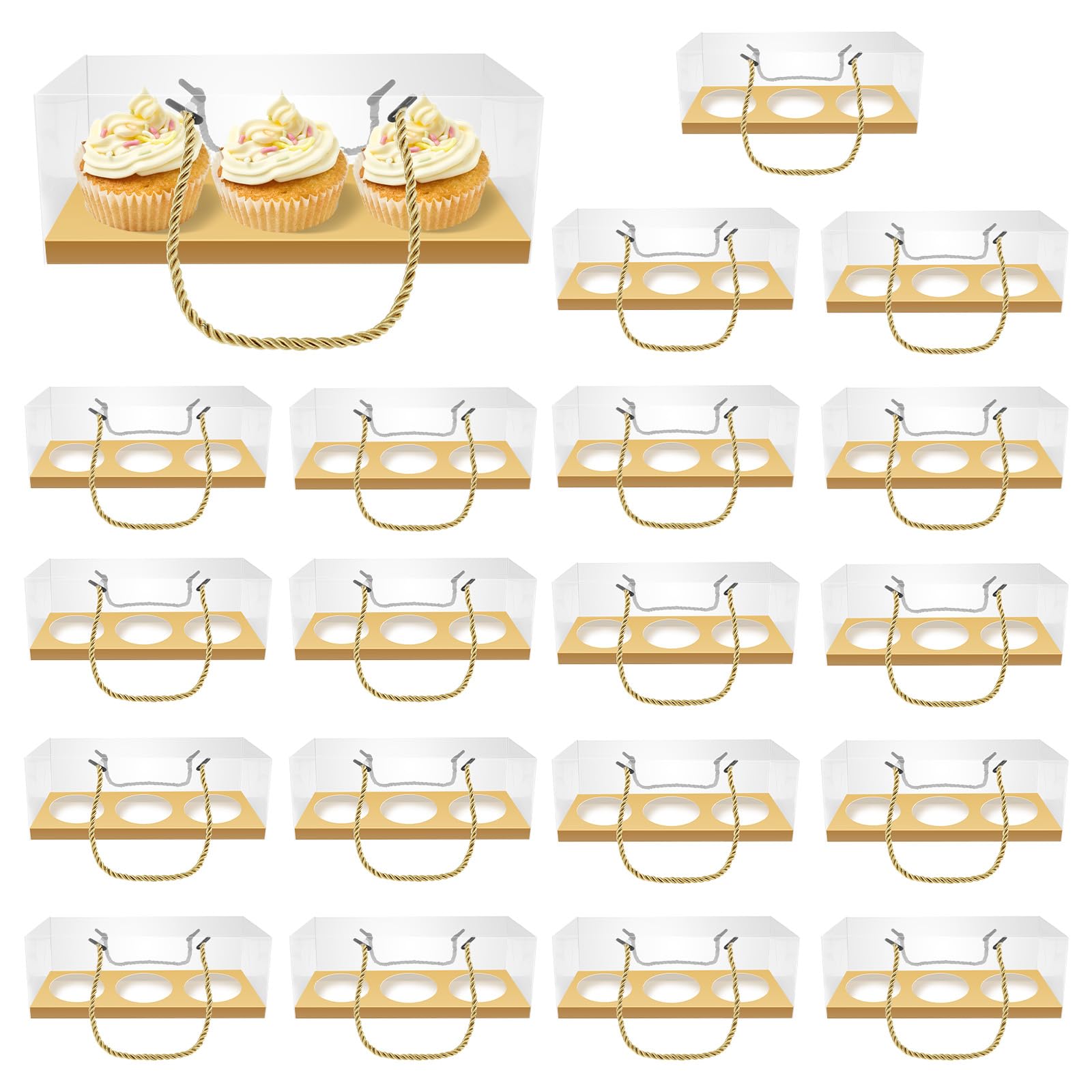 Ktcina Gold 20Pcs Cupcake Boxes 4 Hole Cake Baking Boxes With Handle, Rectangle Cup Cake Box For Cupcakes Muffins Desserts Bakery Cookie Box For Home Baking, Party, Wedding, Christmas(Gold)