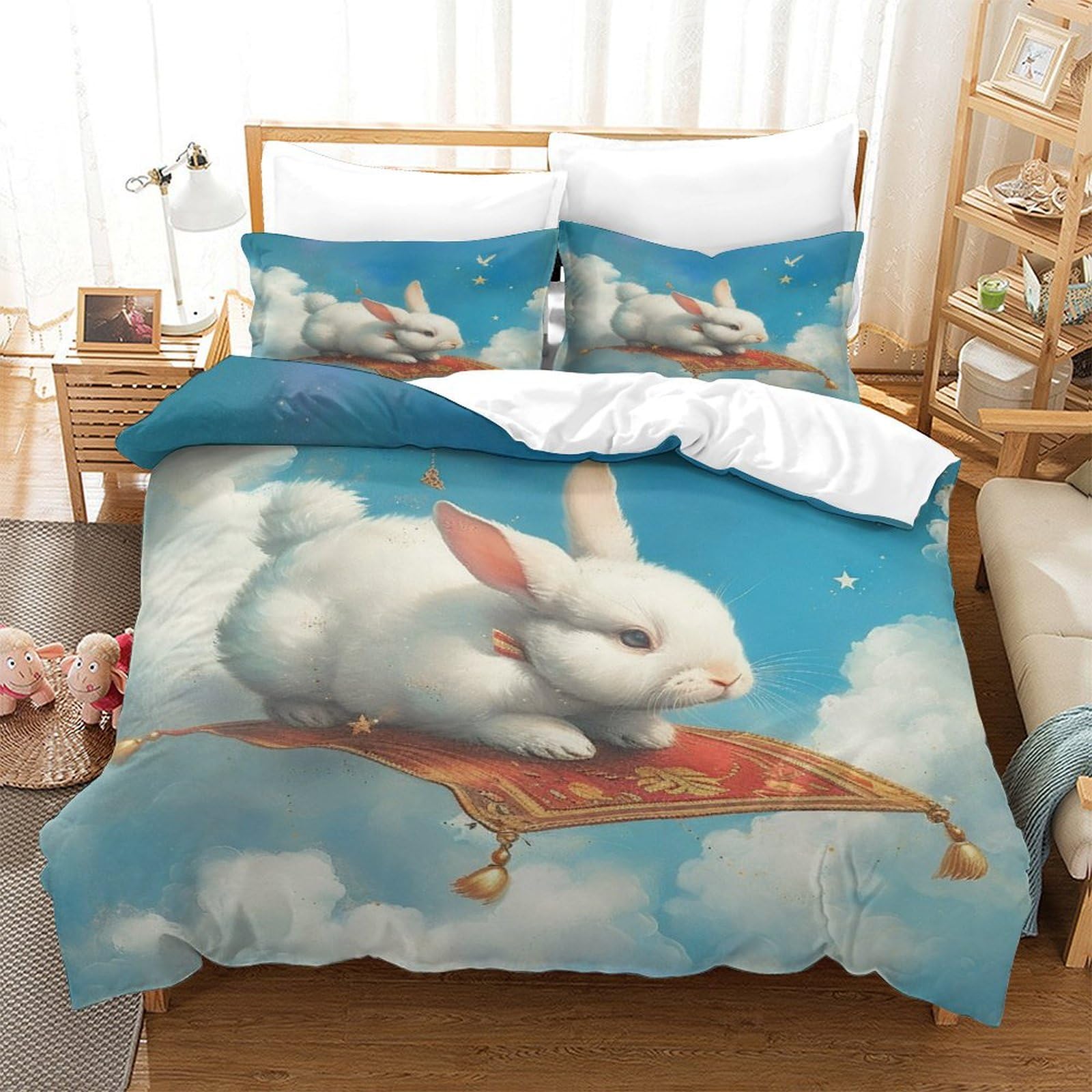 P1S9U7W5Y 3D Printed Cartoon Bunny Duvet Cover Set 3 Pieces Microfiber Cute Animal Bedding Set Soft Breathable for Bedroom Decor King（220x240cm）