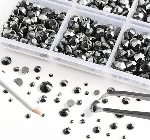 Miniatura 2 de 6736 diamantes de imitación termoadhesivos con parte trasera plana, diamantes de imitación de hematita azabache para manualidades, ropa mezclada en