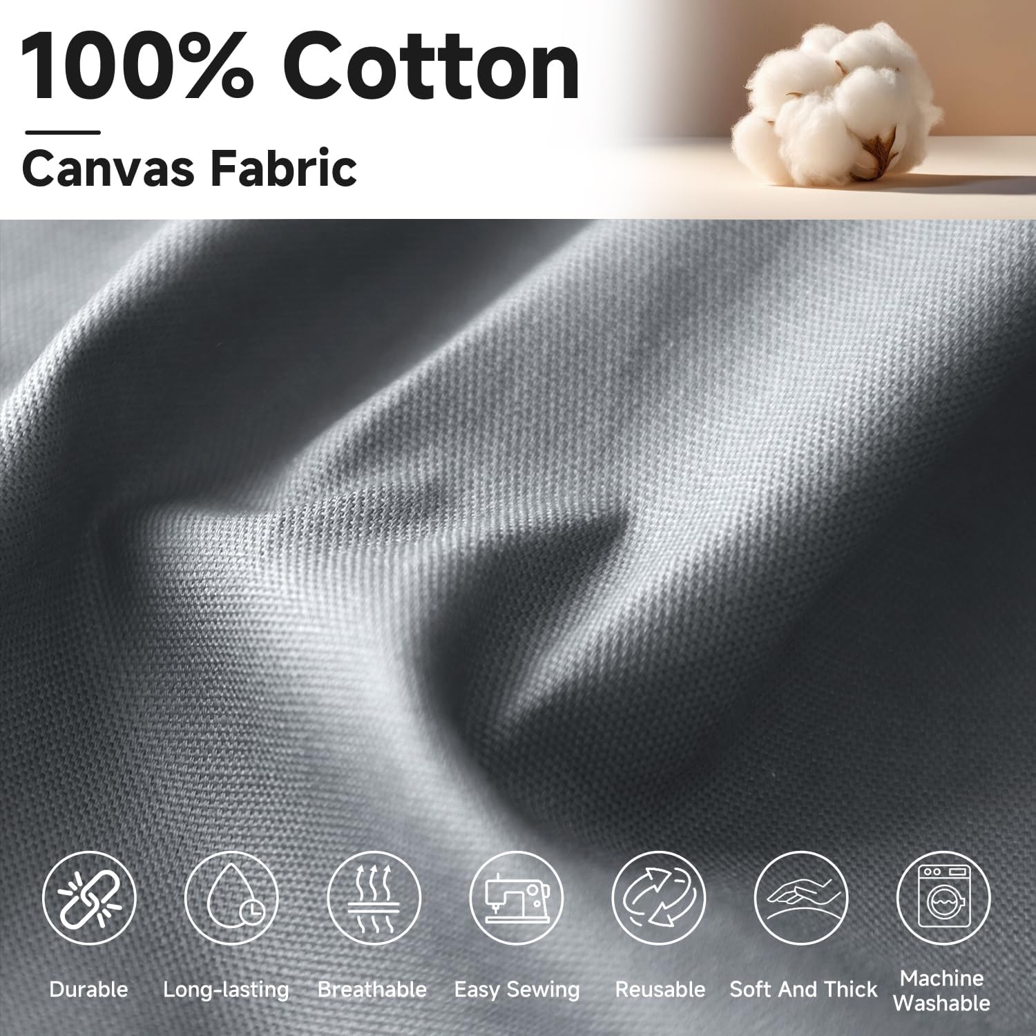Simple&opulence Canvas Fabric by the Yard, 59'' Wide, 10oz Premium Natural Cotton Duck Canvas Fabric for Crafts, Upholstery, Home Decor, Sewing DIY Cloth (Grey, 5 Yard)