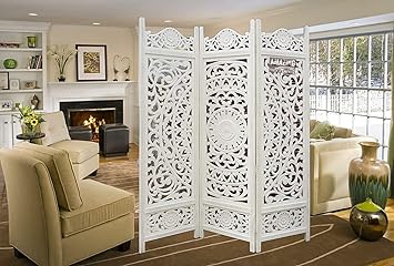 Amazing Wood Store Handcrafted Folding Wooden Partition in Mango Wood 3 Panels (White) | Room Divider | Room Separator Wooden Partition for Living Room (Standard Room)