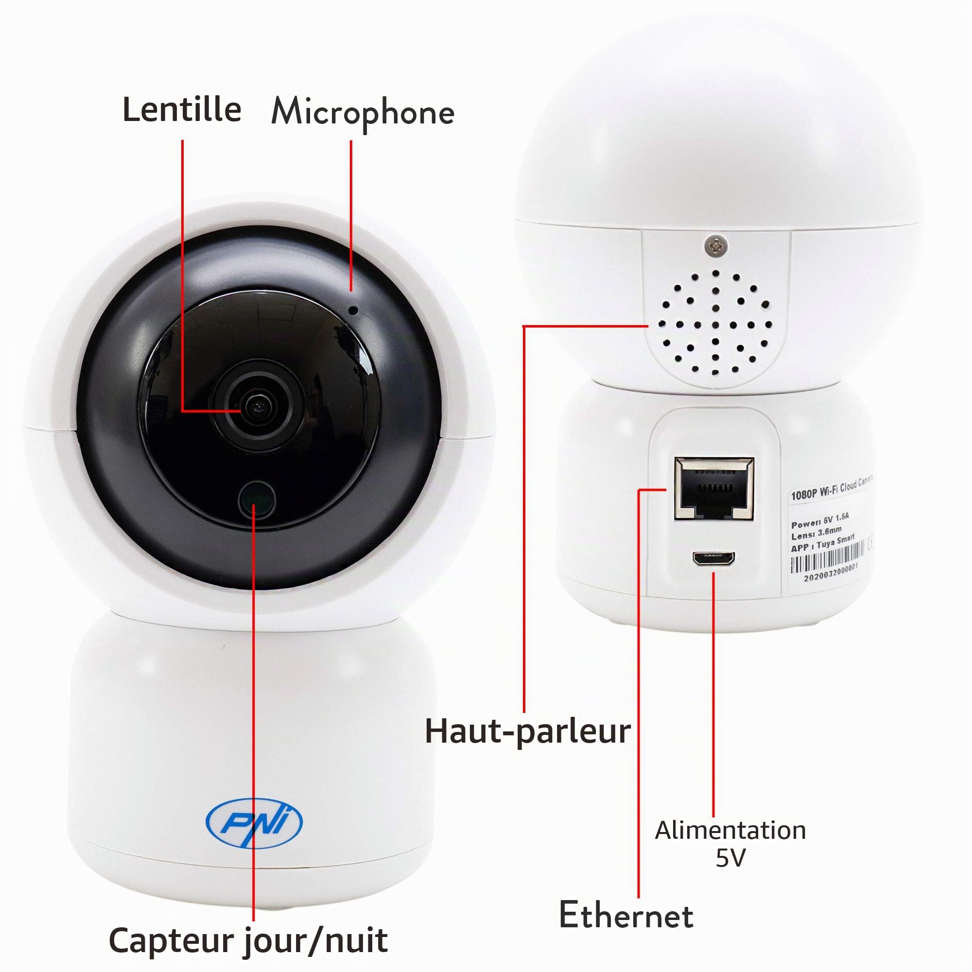 PNI Caméra de vidéosurveillance IP390T 1080P avec PTZ WiFi H264 + Prend en Charge 128 GB microSD, Vision Nocturne, Application Tuya, P2P