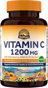 Vitalitown Vitamin C Complex 1200mg with Elderberry, Vitamin D3, Zinc, Quercetin, Rose Hips, Bioflavonoids, Turmeric & Echinacea, 120 Tablets, Non-GMO