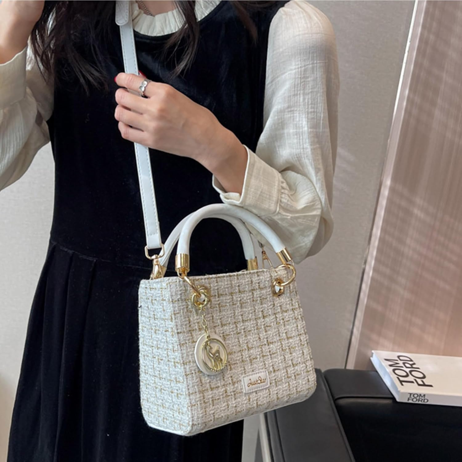 Quilted Shoulder Bag Purse for Women Fashion Tweed Pearl Clutch Handbag Designer Small Crossbody Bag, with Chain Strap