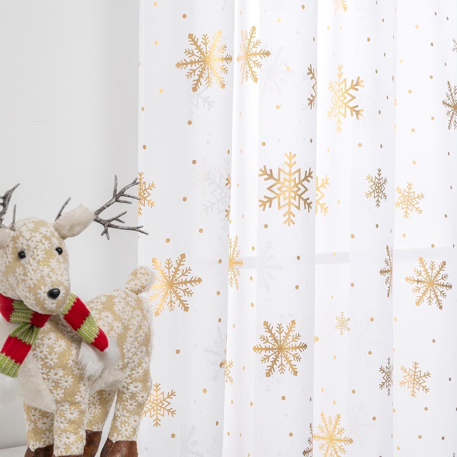 Christmas Sheer Curtains for Living Room, Luxury Snowflake Gold Foil Print Sheer Curtains, Rod Pocket Window Drapes Decorations for Bedroom and Home Decor, 2 Panels White 52W x 63L image 5