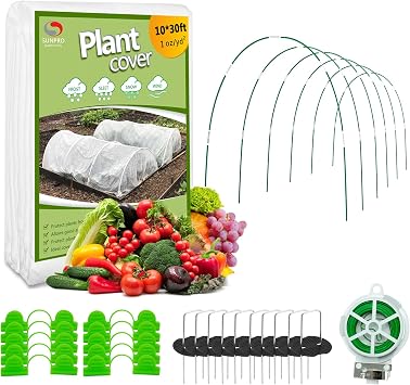 Plant Covers Freeze Protection Kit, 10 x 30Ft Frost Cloth and 6Pcs Fiberglass Garden Hoops 1oz/yd2 Floating Row Cover with Greenhouse Hoops Frost Blanket for Winter Garden Covers for Raised Beds