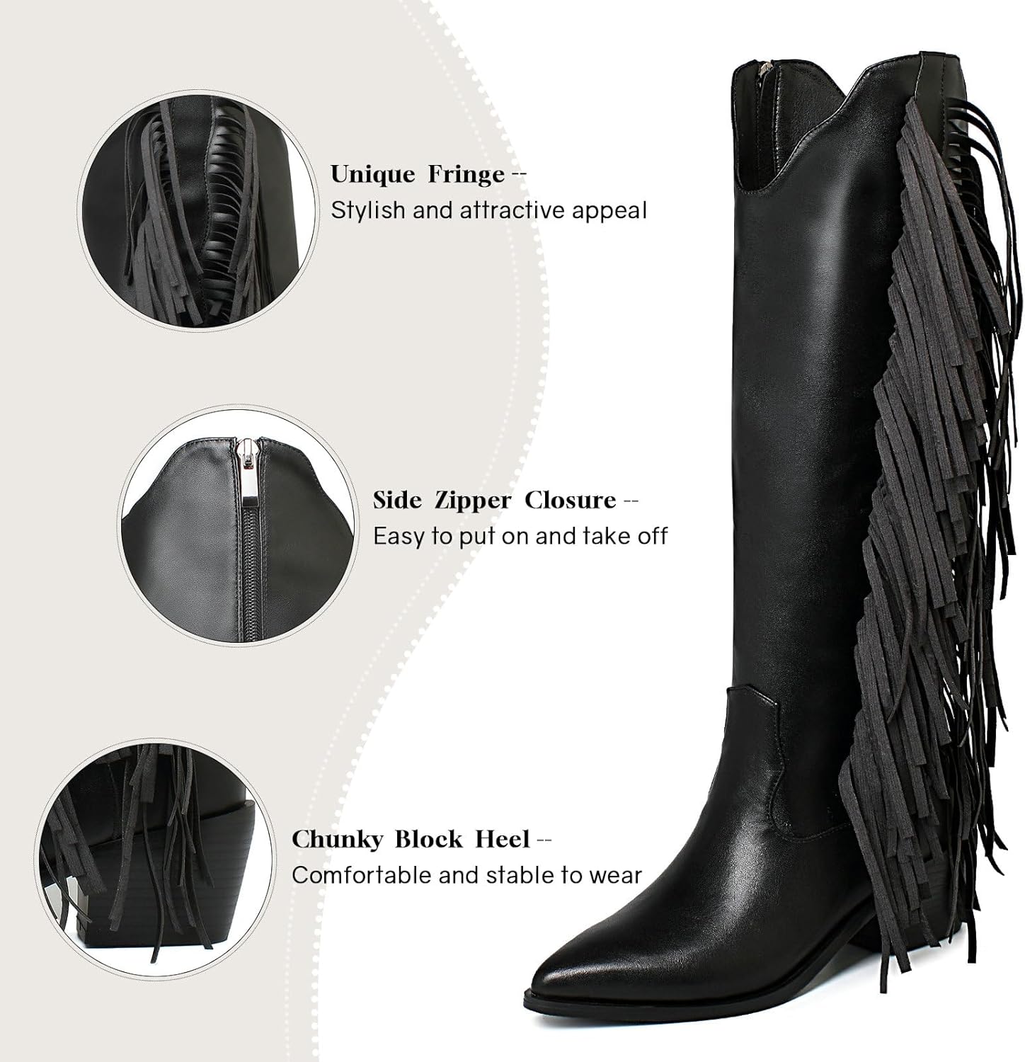 KiutSymo Cowgirl Fringe Boots For Women White Tassels Cowboy Boots Knee High Pointed Toe Western Boots - Image 5