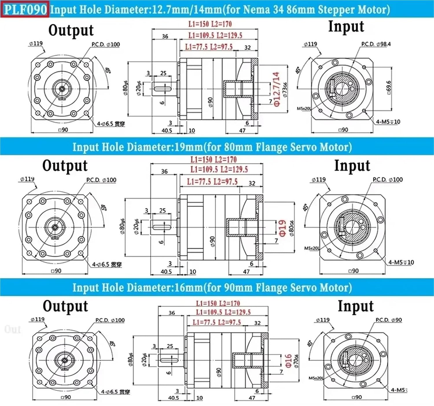 1pcs High-Precision Nema23 Nema34 Planetary Gearbox, 5:1 10:1 Ratio, Low-Backlash for 60mm 80mm 90mm 110mm Servo Motor Reduction(PLF090-12.7mm Input,5 to 1)