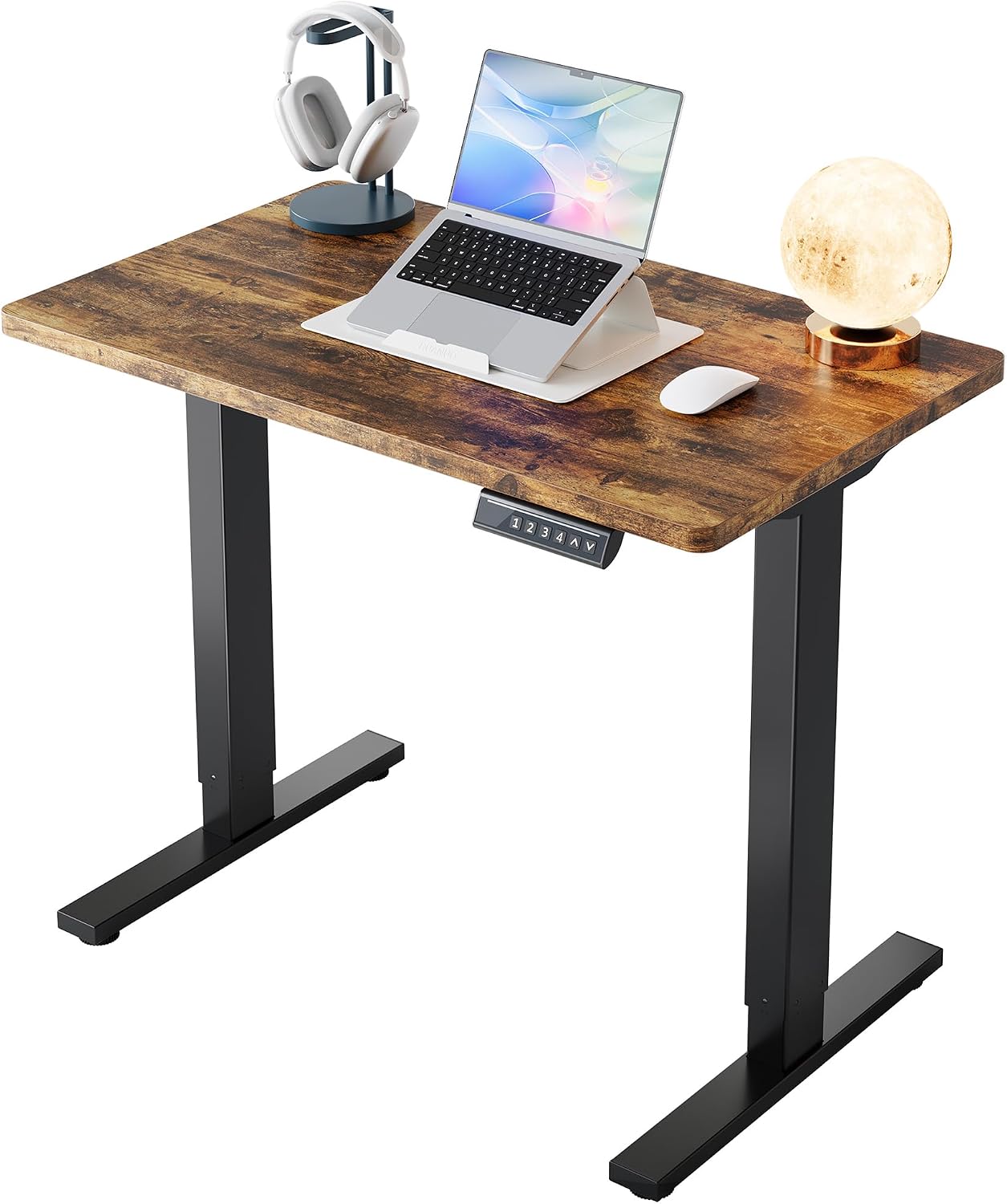 32x19 Inch Small Electric Standing Desk, Adjustable, Rustic Brown | 176 Lbs Capacity, Rounded Corners, Wheel-Ready Feet, Compact Desktop, Apartment Workspace, 28.3–46.5 Inch Height Range