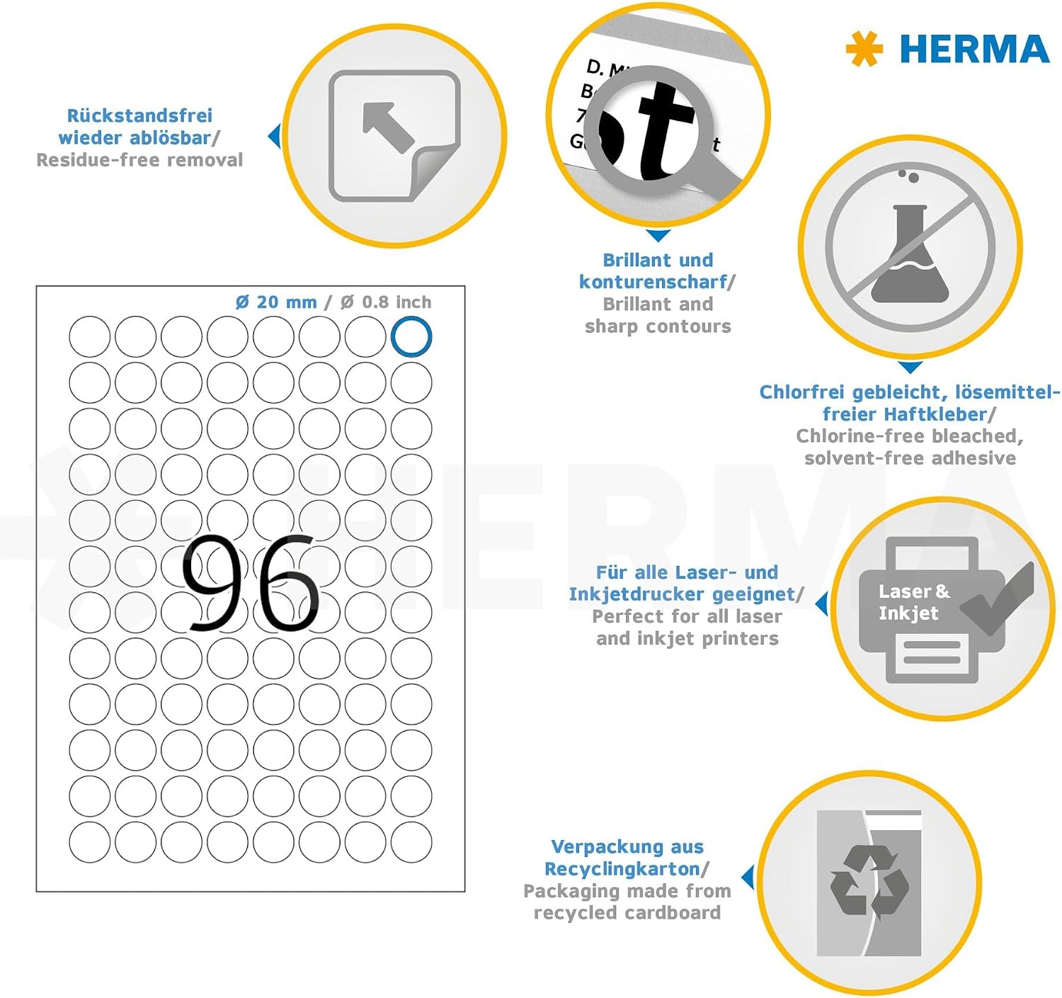 HERMA Self Adhesive Removable Round Labels, 96 Labels per A4 Sheet, 25 Sheets, Ø 20 mm, 2400 Labels, Blank Multipurpose Labels Stickers, Sticky Dots for Laser & Inkjet Printer, White