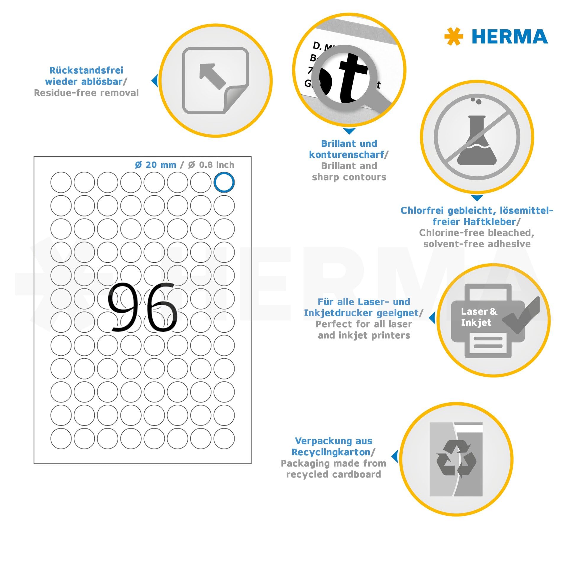 HERMA 4386 Universal Etiketten ablösbar rund, 25 Blatt, Ø 20 mm, 96 pro A4 Bogen, 2400 Stück, selbstklebend, bedruckbar, matt, blanko Papier Klebeetiketten Aufkleber, weiß