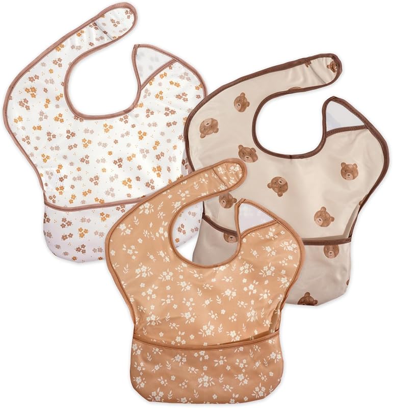 3-Pack Mess Proof Baby Bibs for Eating,Lightweight | Waterproof Toddler Bibs with Catch-All Pocket | Wipeable Feeding Bibs for Girls | Machine Washable