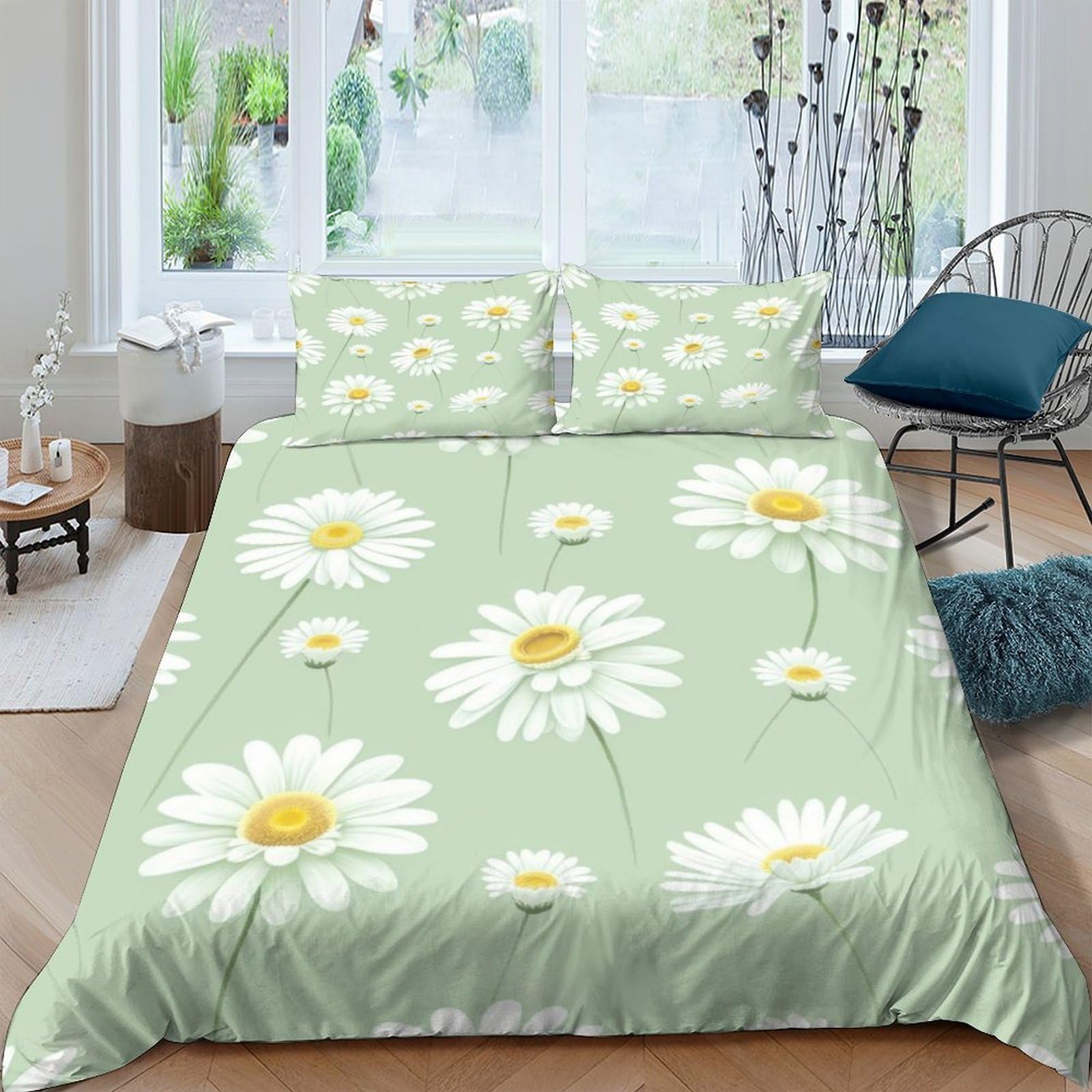 Ctjqhvkz Style-6 3D Printed Daisy Flower Fitted Sheet Microfiber Soft Mint Green Bed Cover For Bedroom Guest Room Decor Mattress Protection Single（135X200cm）