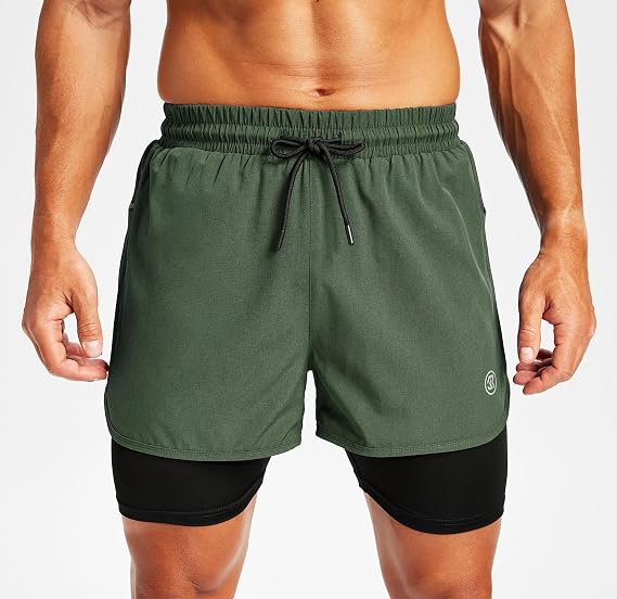 Men's 2-in-1 Running Shorts with Side Pockets, Zippered Compression Lining, Moisture-Wicking - Suitable for Sports, Fitness, and Everyday wear