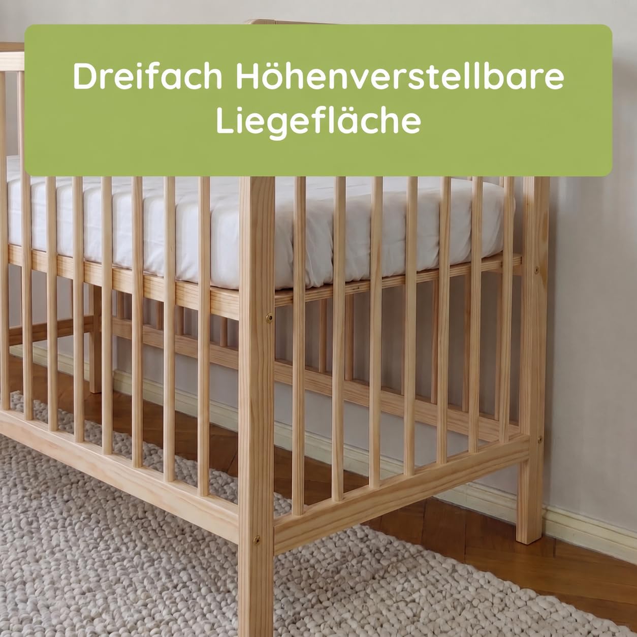 Kids Collective Babybett Kinderbett Beistellbett | Modulares Gitterbett Lattenrost 3-Fach höhenverstellbar & abnehmbare Sprossen | Baby Bett Holz Kinderzimmer | 120x60 cm | Natur