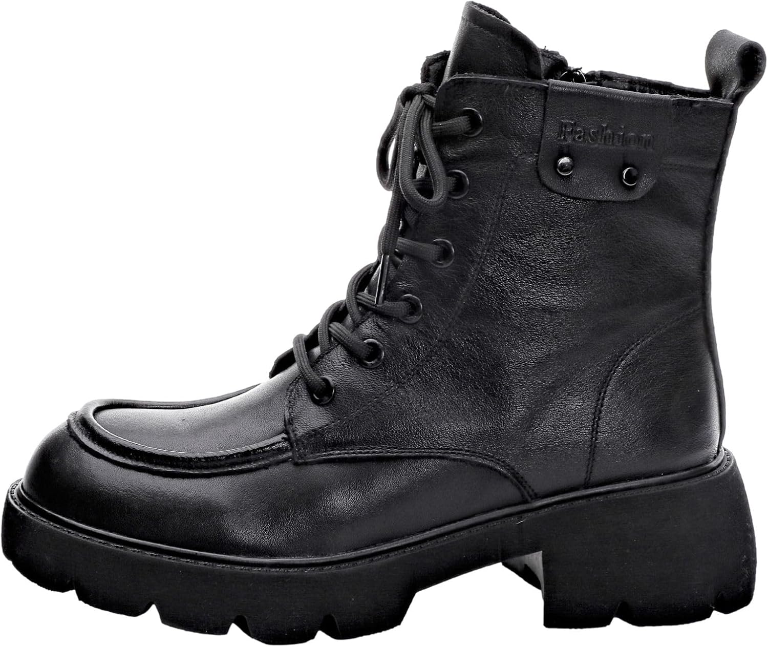 rismart Women's Genuine Leather Combat Boots Platform Chunky Heel Ankle Booties with Side Zip