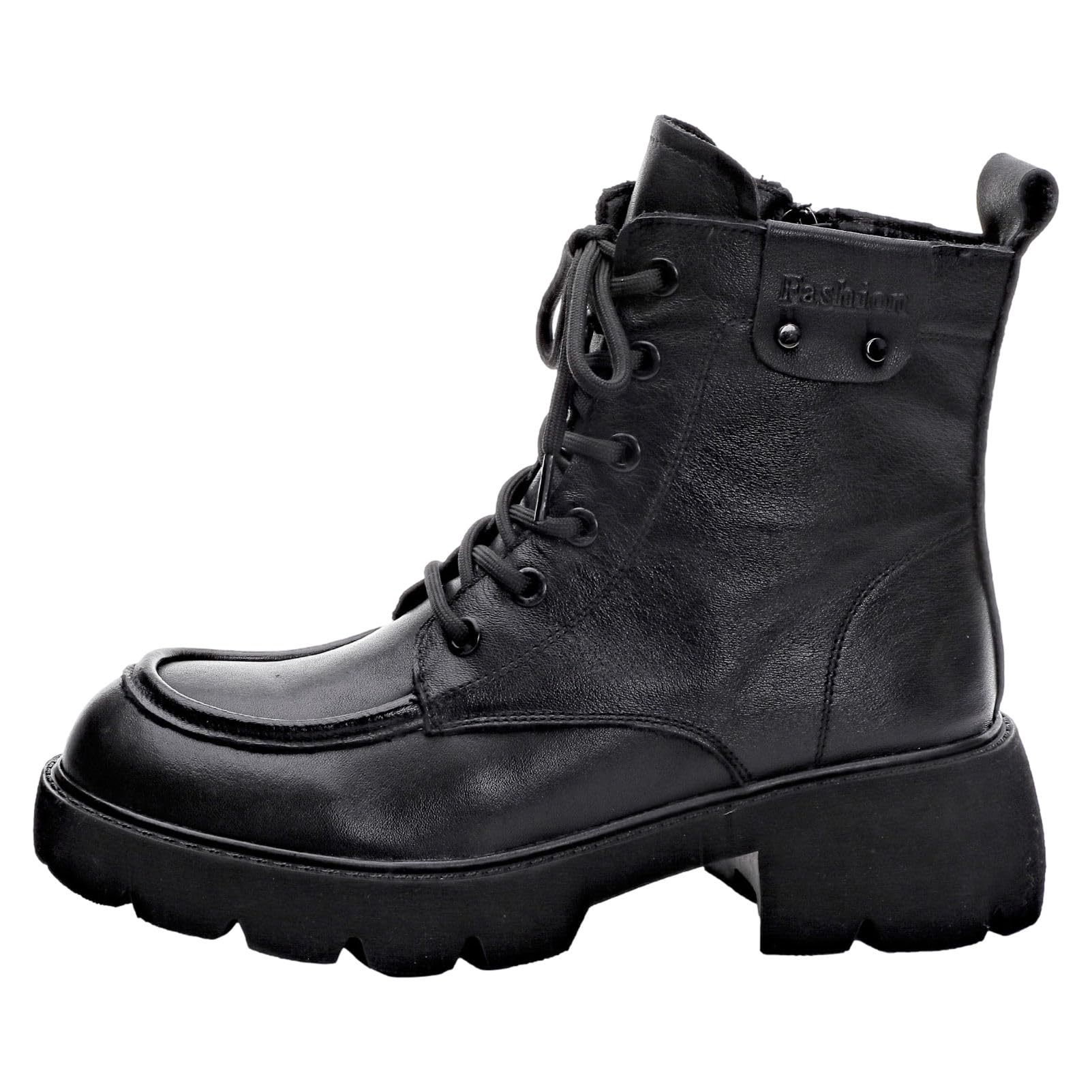 rismart Mujer Cordones Botas de Tobillo con Zip Talón Grueso Punta Redonda Cuero Botas de Combate