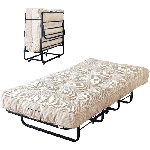 YOSHOOT 6" Folding Bed with Mattress, Foldable Rollaway with 6 Inches Mattress for Adults, Portable Twin Bed, Fold up for Guest Room, Space Saving for Easy Storage, 75"x39" Beige