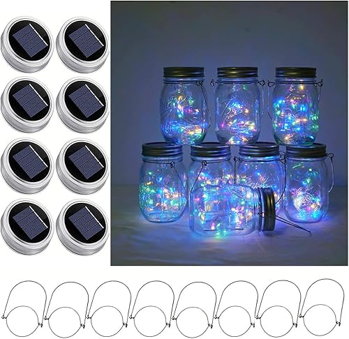 Decorman Luces solares para tarros de masón, paquete de 8 tiras de luces impermeables con 8 ganchos para patio, jardín, fiesta, boda, decoración de