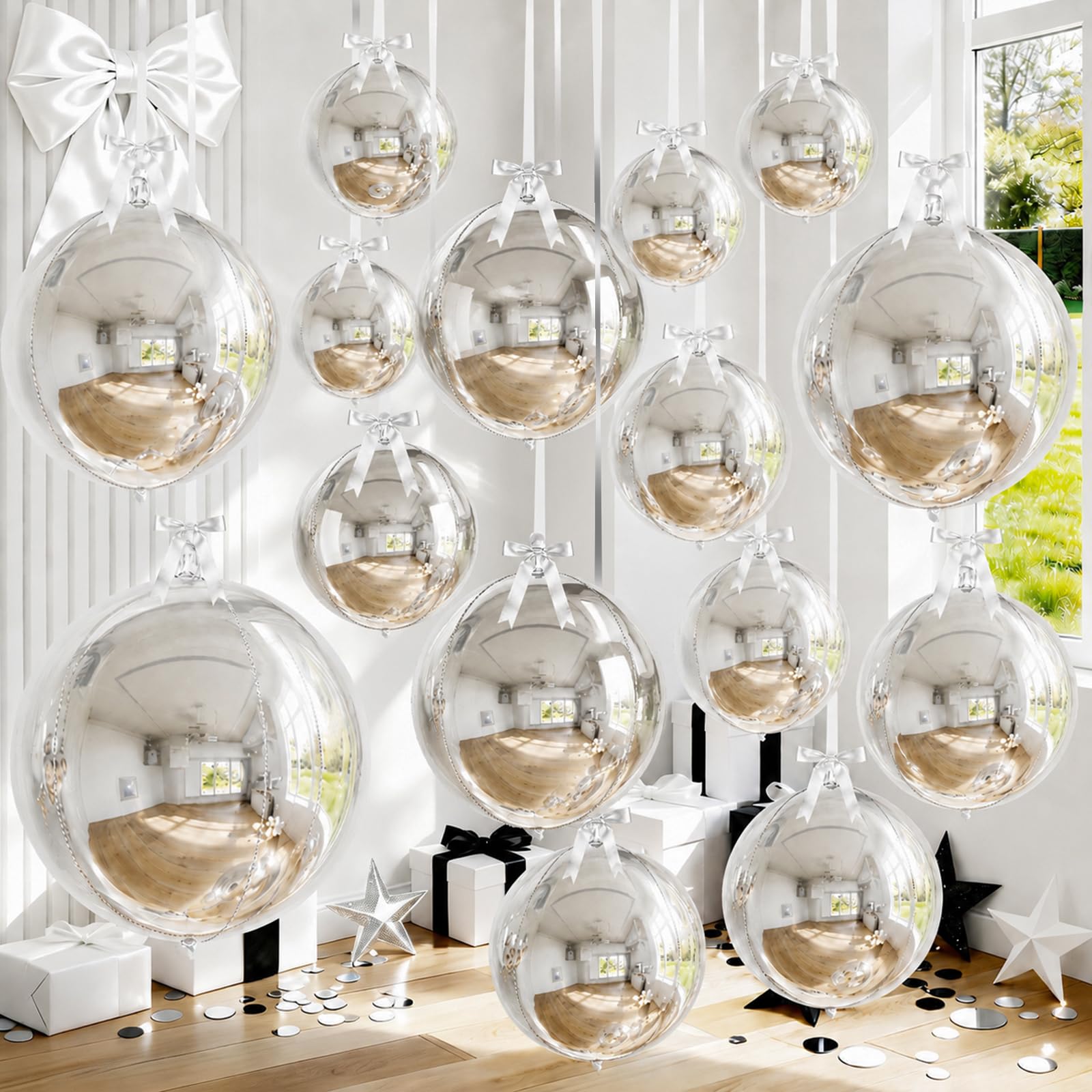 14 Pcs Silver Round Foil Balloons 22/15/10 4D Ball Balloons Metallic Silver Balloon Ornament Mylar Balloon Chrome for Graduation Birthday Wedding Anniversary New Year Disco Party Decorations