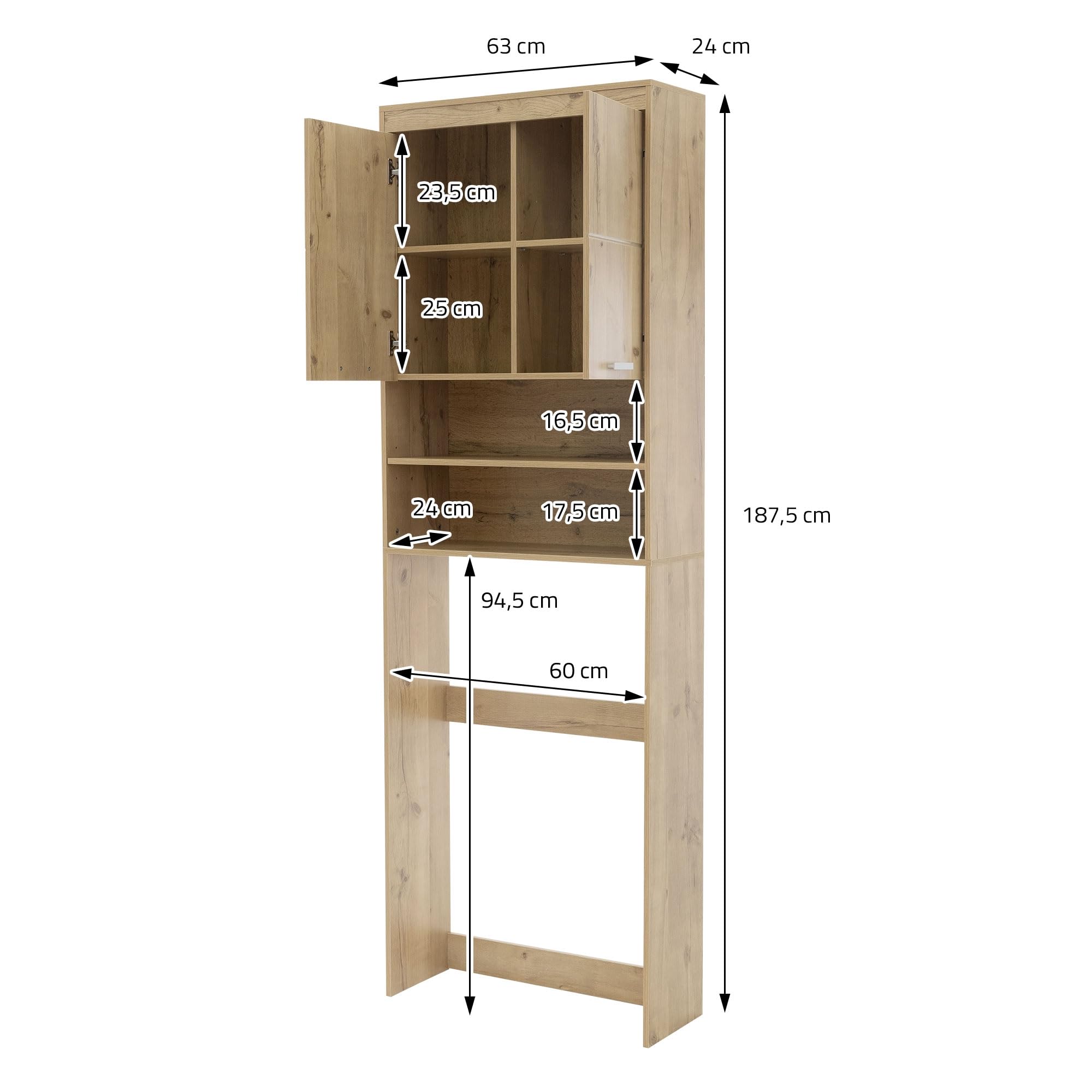 ECD Germany Armario de Lavadora/Secadora Organizador con 2 Puertas y 2 Compartimentos Abiertos 63 x 24 x 187 cm Madera de Roble MDF Mueble De Baño Alto Estantería Moderna Sobrestructura De Lavadora
