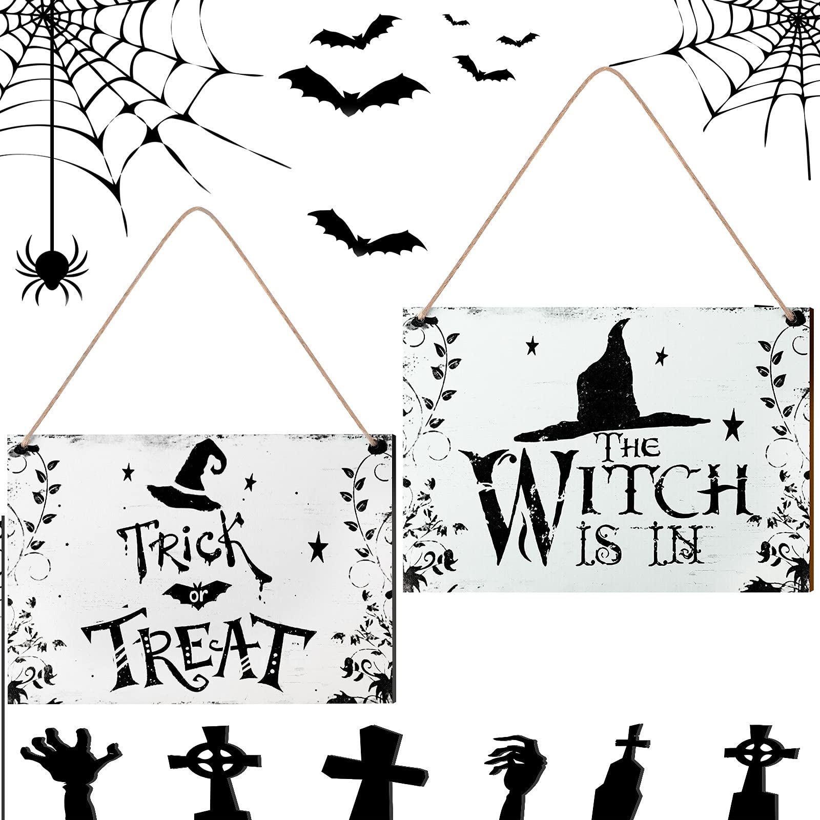 Photo 1 of 2 PCS Halloween Hanging Welcome Sign Halloween Party Supplies Halloween Trick Or Treat Sign The Witch Is In Door Hanging Sign Halloween Wooden Wall Decoratins for