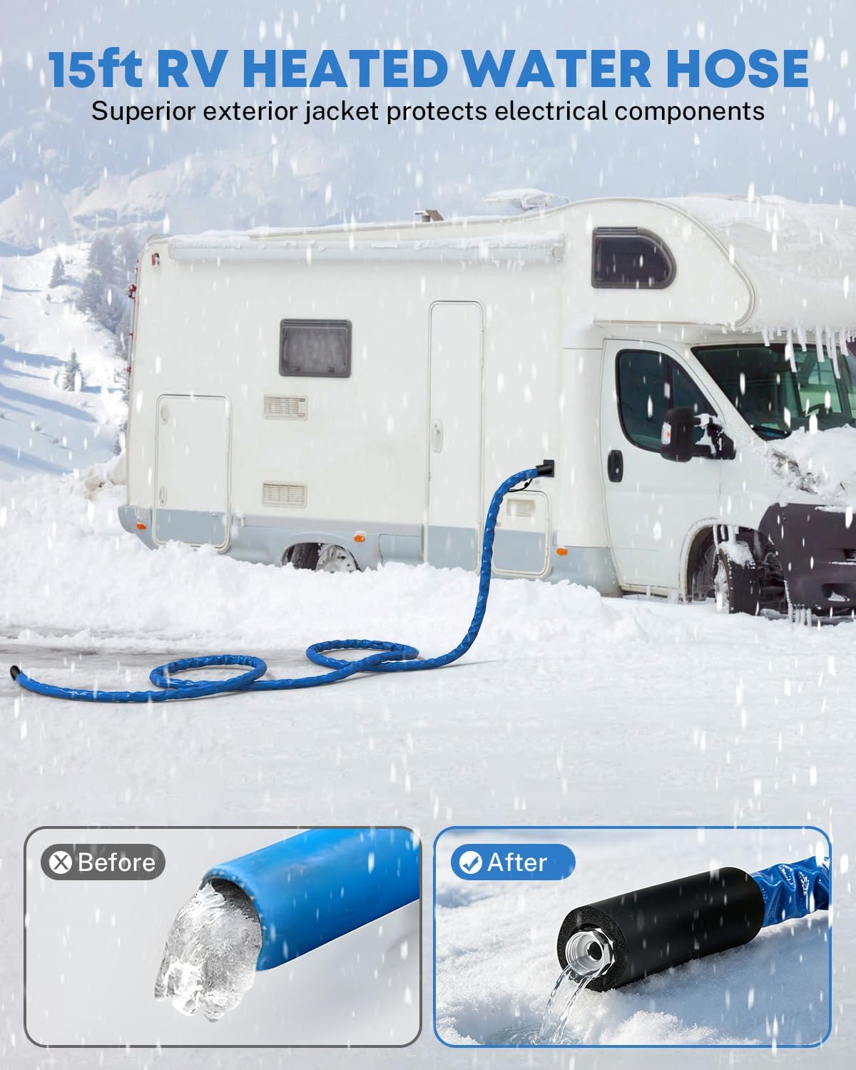 Kohree 15 FT Heated Water Hose for RV, -40 ℉ Freeze Protection
