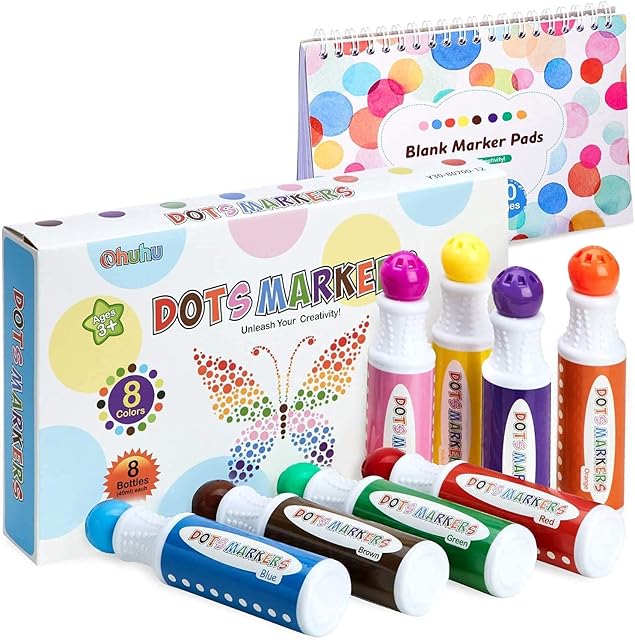 Bingo Dabbers, Ohuhu 8 Colors Washable Dot Markers (40 ml) with a Blank 30 Pages Activity Book, Non-Toxic Bingo Daubers for Kids Toddlers Preschool Children Art Craft