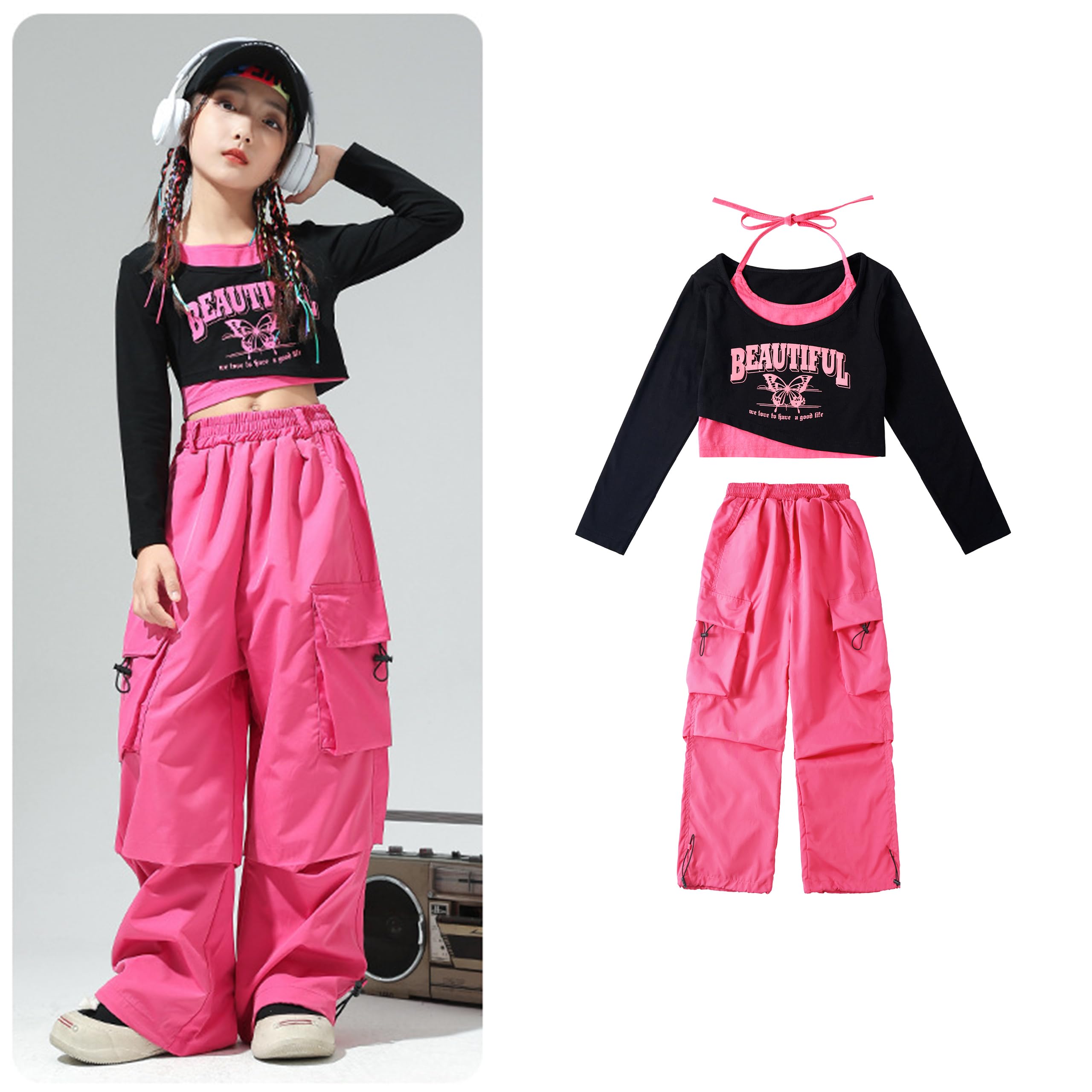 LOLANTA Ragazze Hip Hop Outfit, Top Corto Stampato & Pantaloni Cargo Dance Set, Streetwear alla Moda, 6-13 Anni