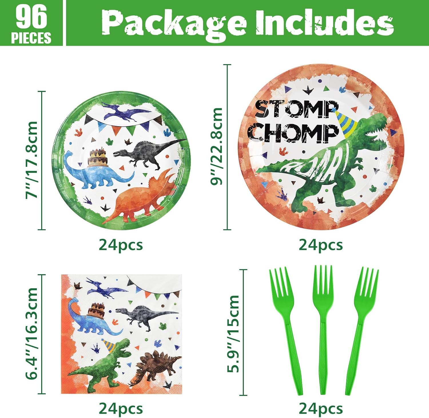 WERNNSAI Dinosaur Party Supplies - 96 PCS Dino Plates Napkins and Forks Set Dinosaur Theme Birthday Decoration Disposable Dinosaur Plates for Boys Birthday Serves 24 Guests