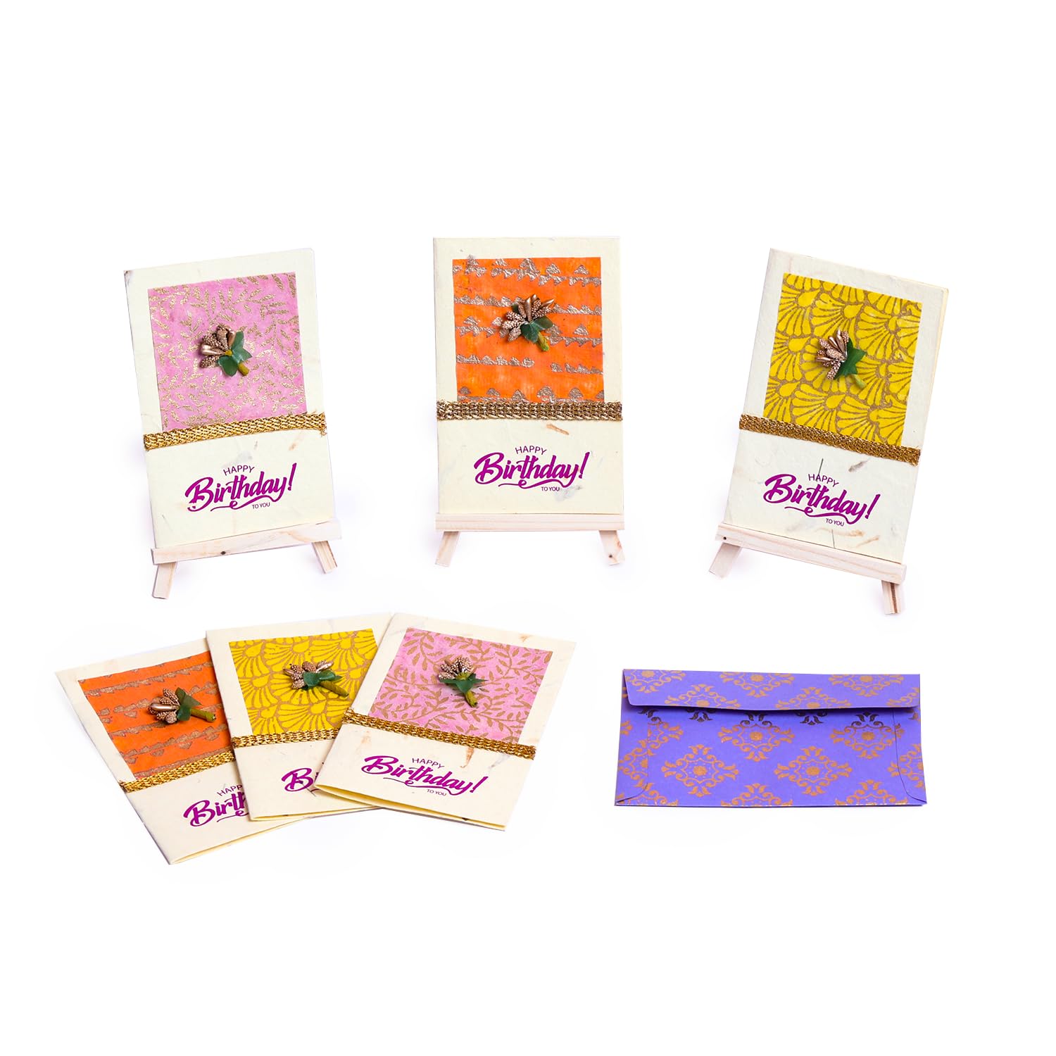 Natal Crafts set of 6 Handmade Birthday Cards | Printed Message Inside, Dry Petal Handmade Paper, Includes Envelopes – Perfect for Office & Friend Gifting (Happy Birthday)