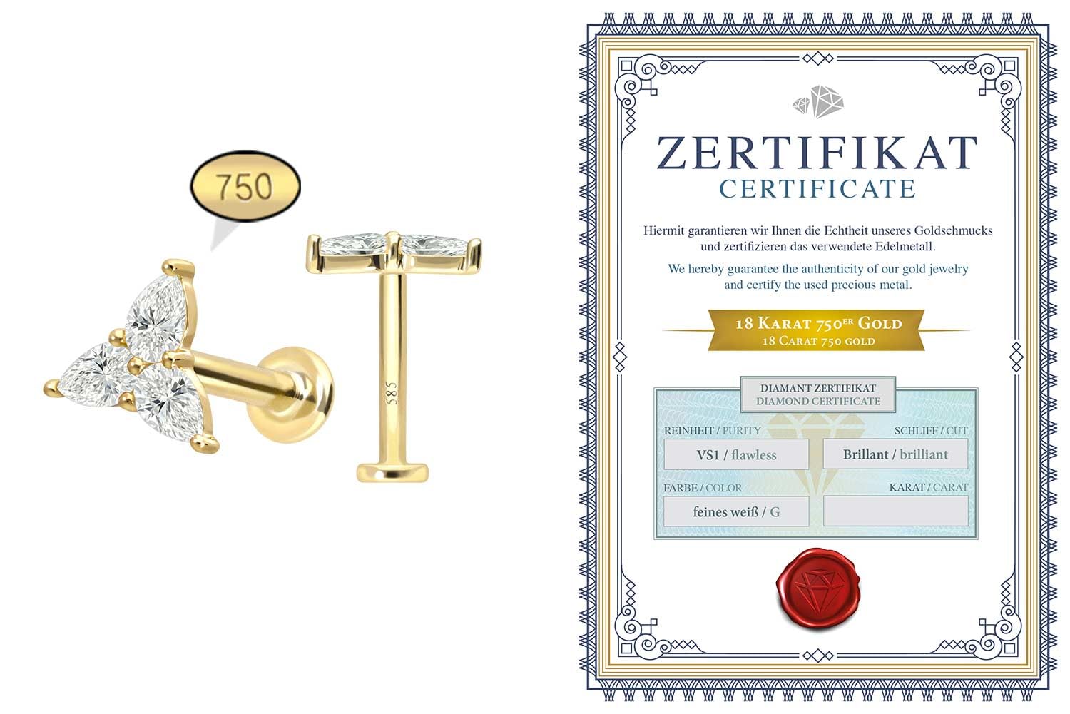 PIERCINGLINE Piercing Stecker 18 Gold Labret mit Innengewinde DIAMANT-BLUME 750er Gold - Goldfarben