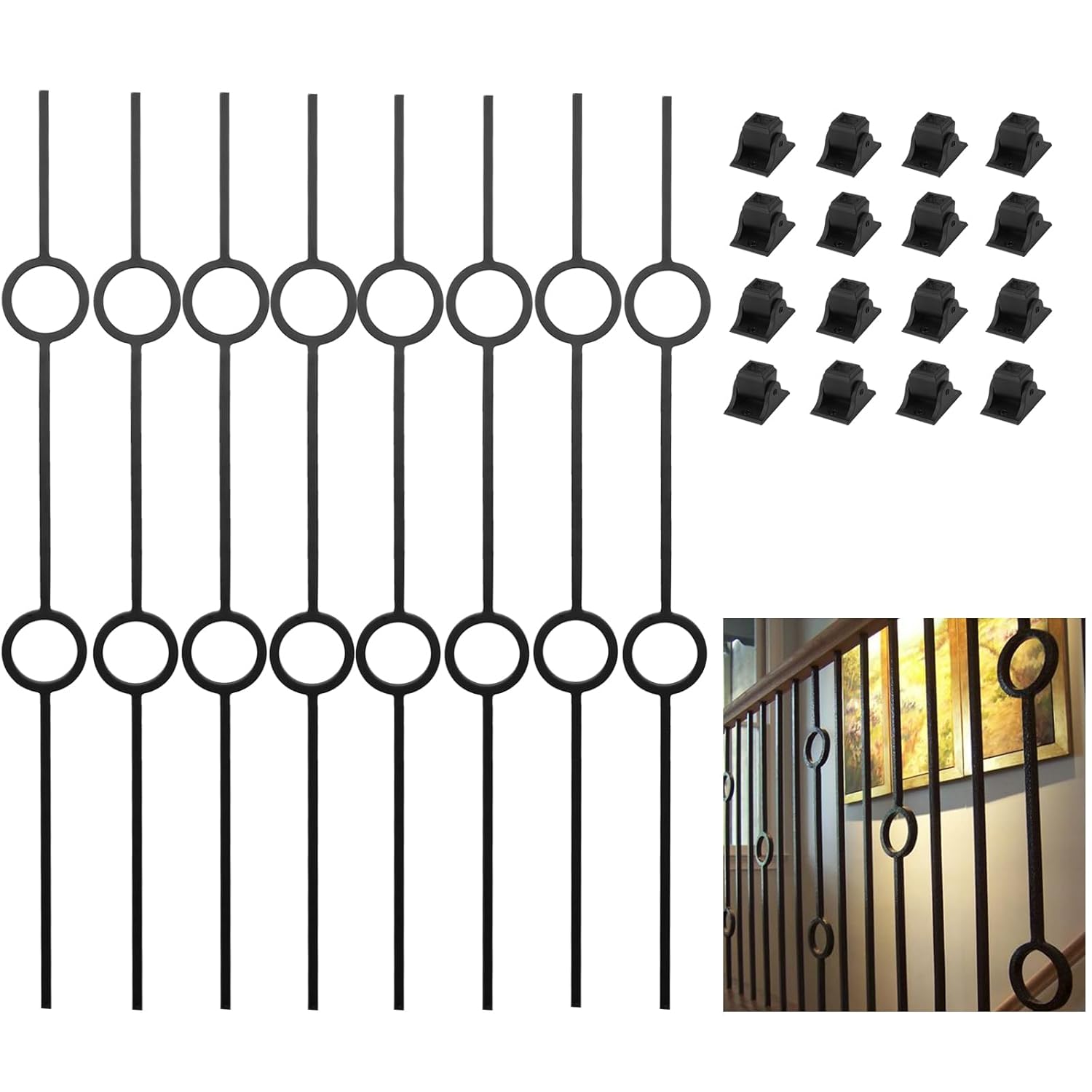 8 Pack Iron Balusters for Staircase,Hollow Two Single Ring Stair Balusters 1/2" Square Iron Balusters with 16 Swivel Shoes Double Ring 8