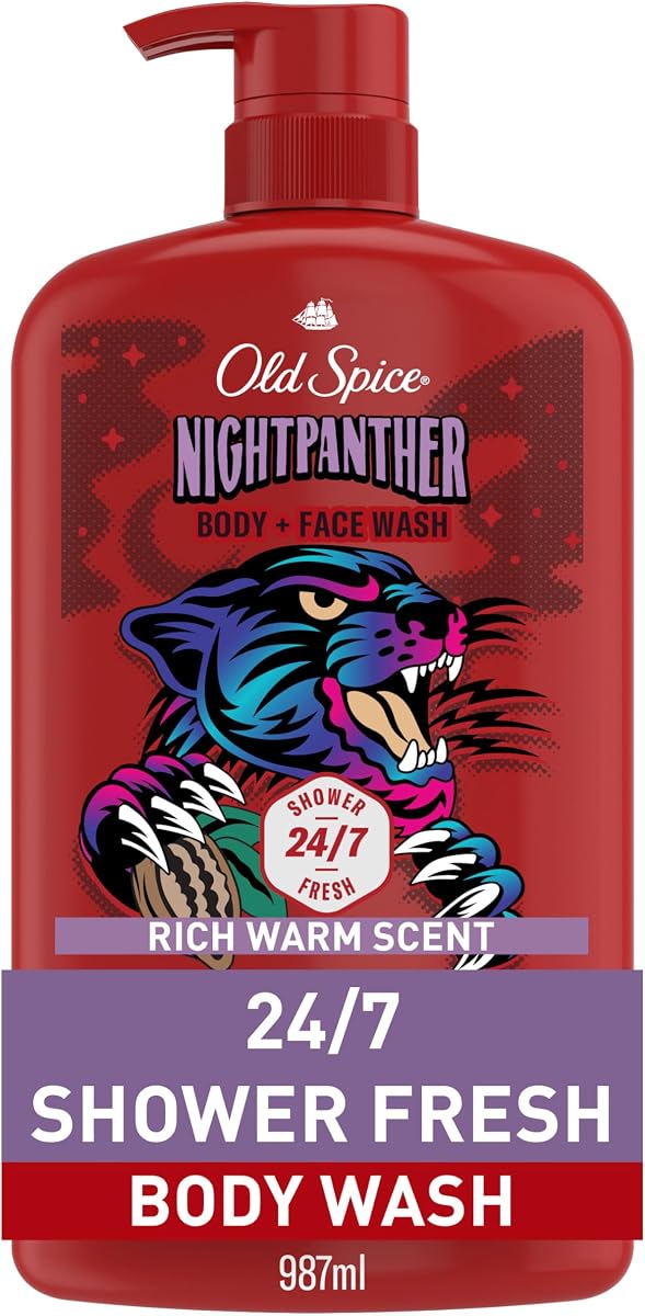 Cleansing Body Wash for Men, 3X Defense, 24/7 Shower Fresh with Lasting Scent, 2 in 1 Body and Face Wash, Daily Men’s Wash and Shower Gel, NightPanther Rich Warm Masculine Scent, 33.4 oz