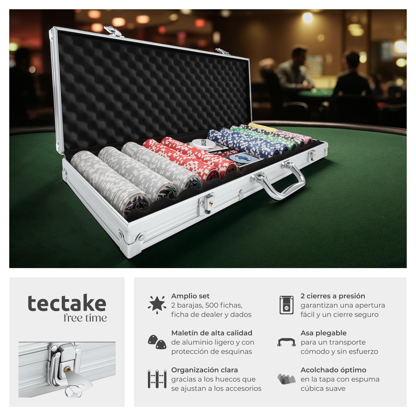 tectake 402559 Maletín de Póker Aluminio con Fichas Láser Poker Chips, 500 Pieza, Incl. 5 Dados + 2 Barajas de Cartas + 1 Ficha de Dealer, Plateado