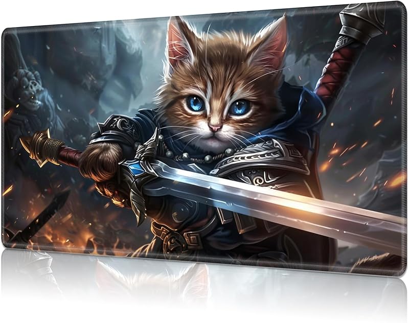 MTG Playmat, tapete de juego para MTG TCG, tapetes de juego de cartas de 24 x 14 pulgadas, tapetes de juego cosidos para juegos de cartas coleccionables, tapete de escritorio para juegos de Commander Deck, tapetes para juegos de cartas, guerrero gato sostiene la espada