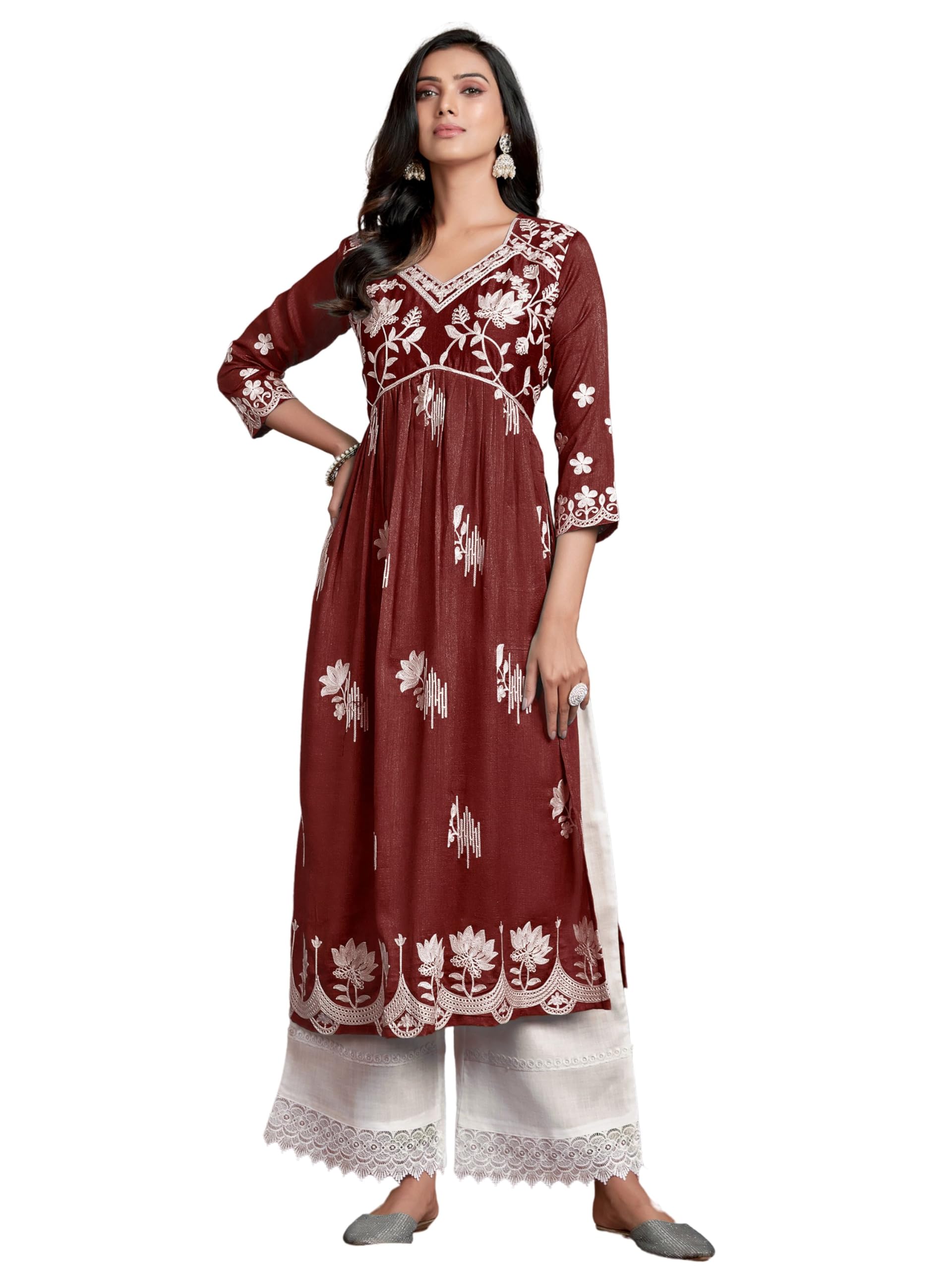 EthnicJunction Women'S Silk Blend Chikankari Embroidered Naira Cut Kurta