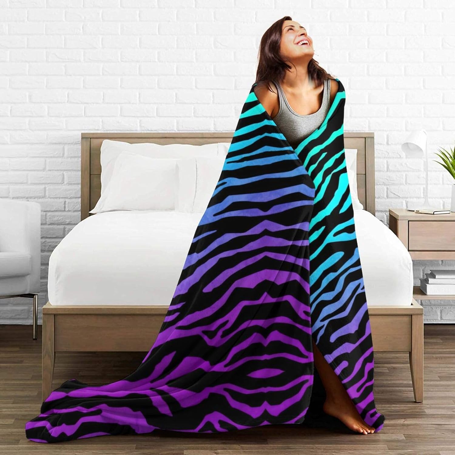 Purple Blue Green Camouflage Zebra Stripes Print Camping Flannel Blanket All Seasons Air Conditioning Throw Blanket for Bed Sofa