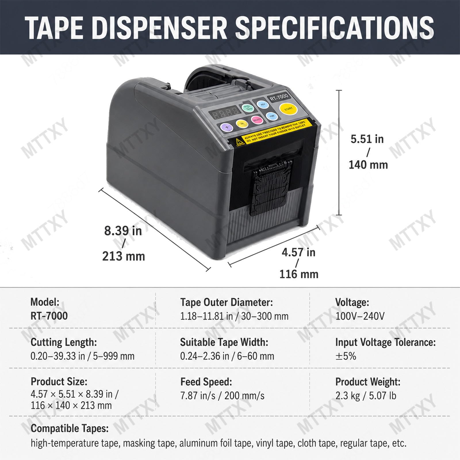 Dispensador Eléctrico de Cinta, 6-60 mm, Auto/Manual | Corte hasta 999 mm con engranaje de silicona antideslizante y pantalla LCD para oficina, almacén y embalaje.