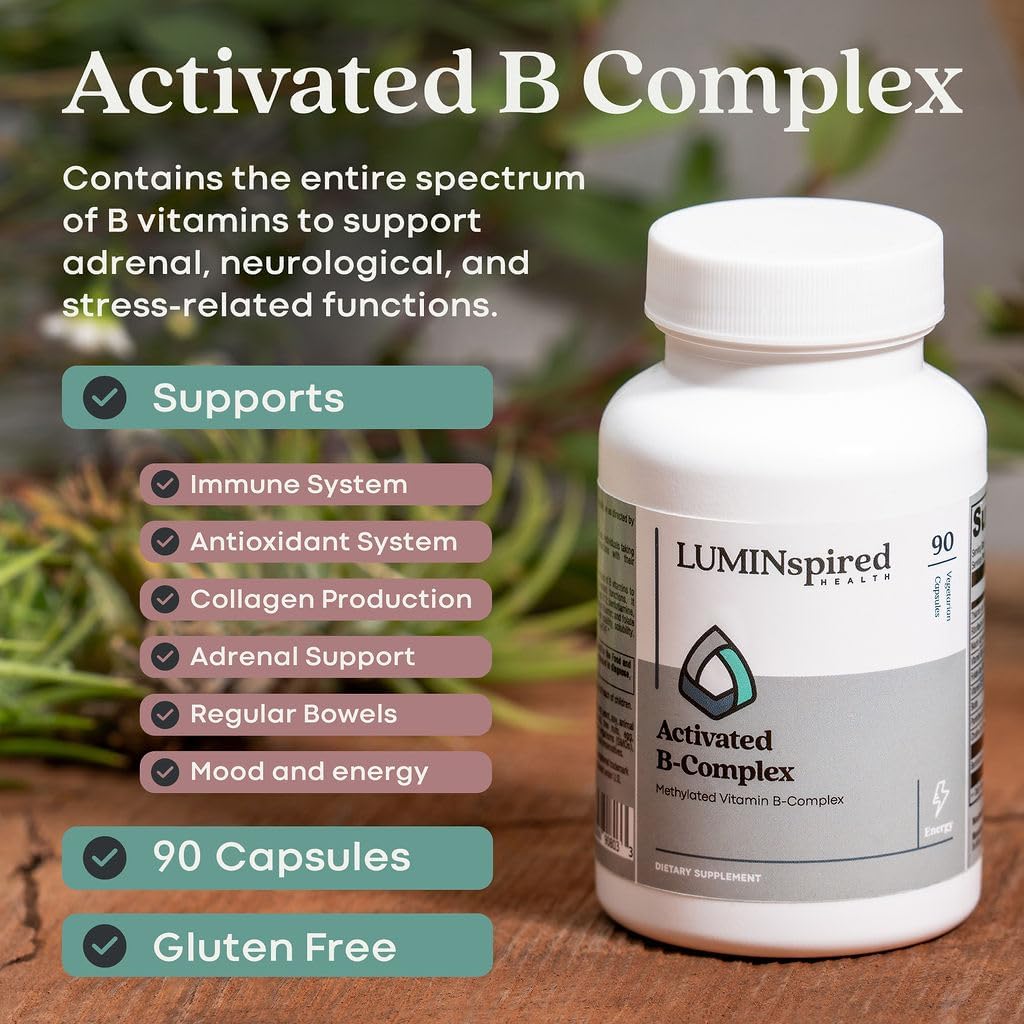 LUMINSPIRED Health Activated Vitamin B Complex with Vitamin C & Biotin, All Vitamin B Dietary Supplement for Immune Support, Metabolism, Antioxidant, Mood & Energy, Gluten Free, Vegan - 90 Counts