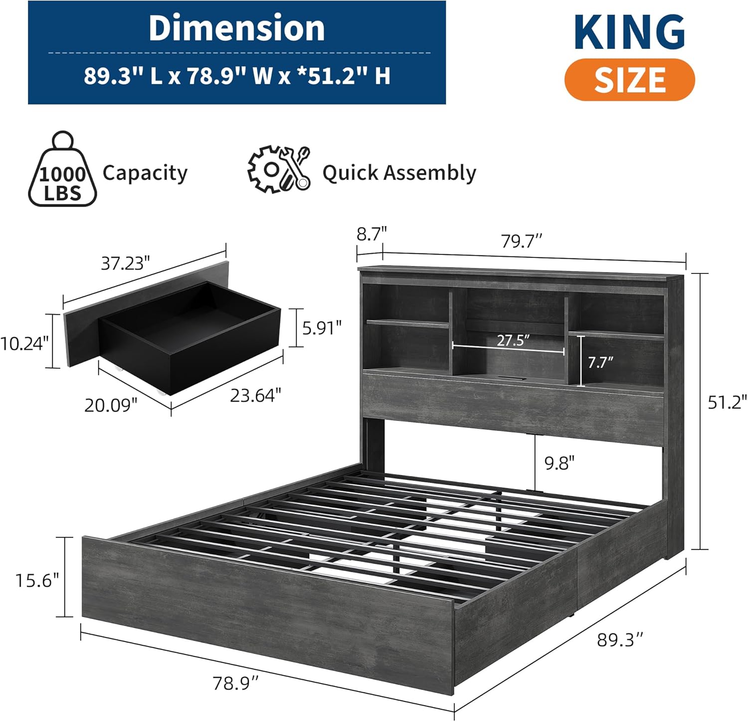 IDEALHOUSE King Bed Frame with Storage Headboard, Wooden Bed Frame with Charging Station, Storage Bookcase & King Size Platform Bed with 4 Drawers, No Box Spring Needed, Noise-Free,Ink